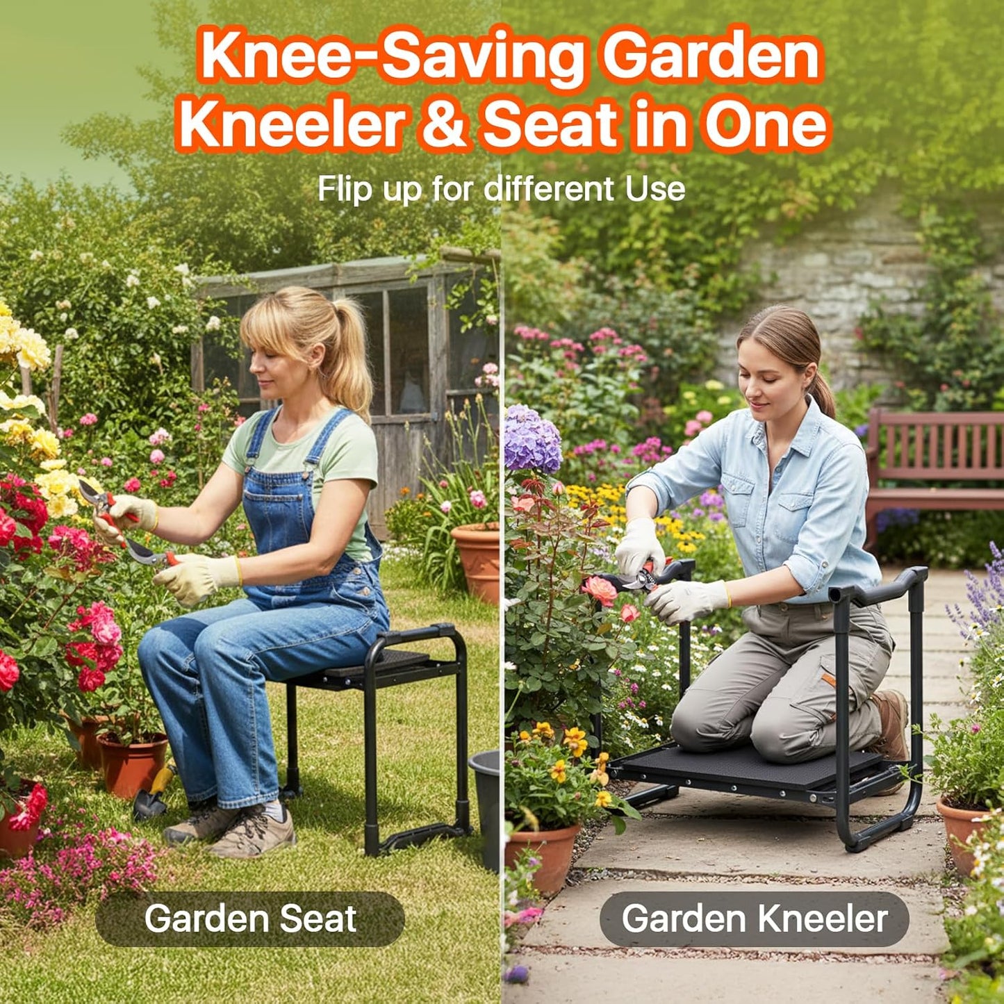Garden Kneeler and Seat Heavy Duty, Wider and Thicker Kneeling Pad for Foldable Gardening Stool with 2 Tool Pouches, Gardening Gifts Tools for Women Mom Men Seniors
