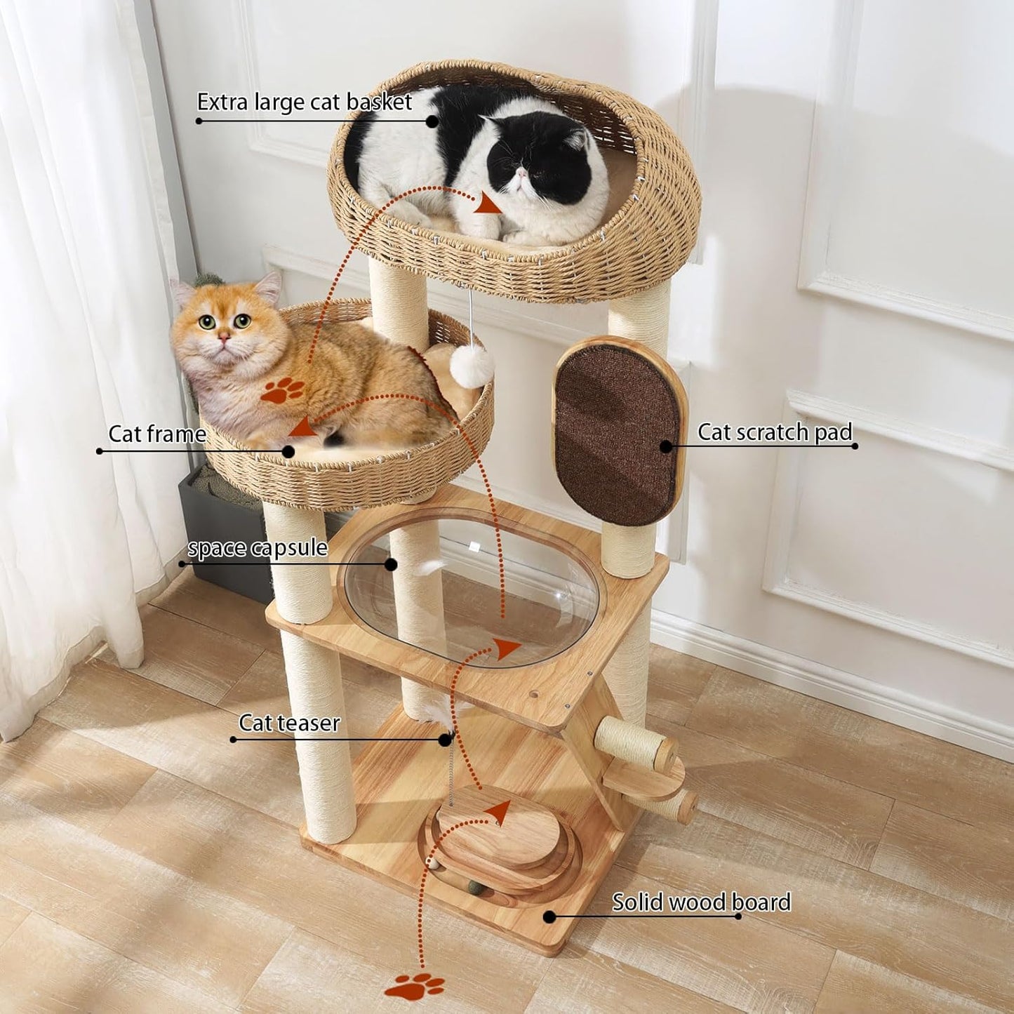 Modern Cat Tree, Cat TreeTower with Space Capsule, Hand-Woven Basket Nest, Sisal Posts & Scratching Board, 50 Inch Heavy-Duty Multi-Level Indoor Wood Tower