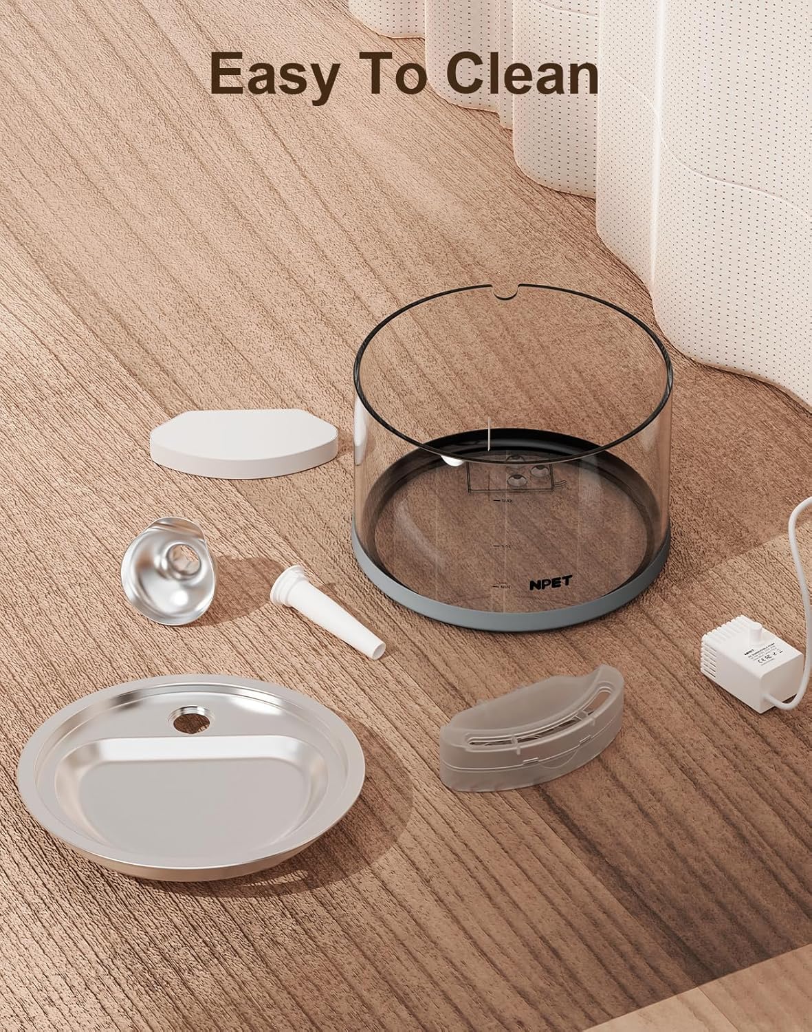 NPET N280 Glass Cat Water Fountain - 2.8L Automatic, Ultra-Quiet Pump with Stainless Steel Tray, Easy to Clean & Eco-Friendly for Cats and Dogs