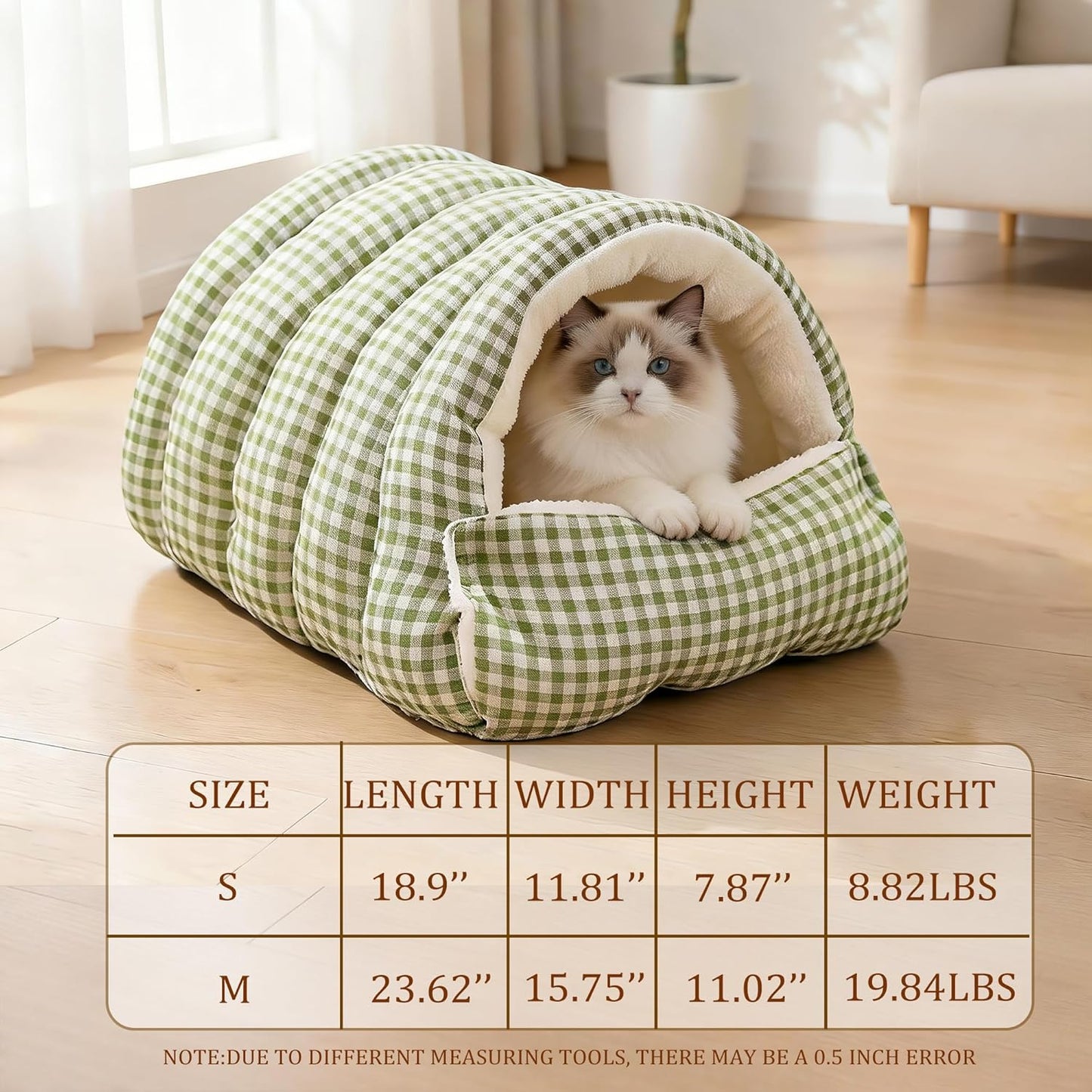Small Cat Dog Cave Bed Calming Pet Nest Warm Plush Covered Cat House with Hooded Blanket Removable Hooded Blanket Cushion Washable Soft Calming Indoor Cat Bed(Green, Small)