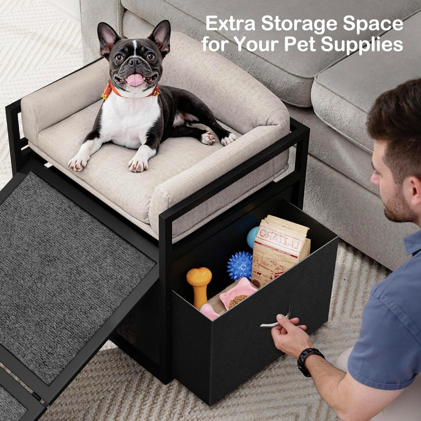 Non Slip Dog Ramp with Seat & Storage Drawers,Extra Wide Doggie Stairs,Metal Frame Puppy Chair for High Bed Couch Office,Dachshunds Ladder,Washable Cushion Pet Step for Small Old Pets Khaki