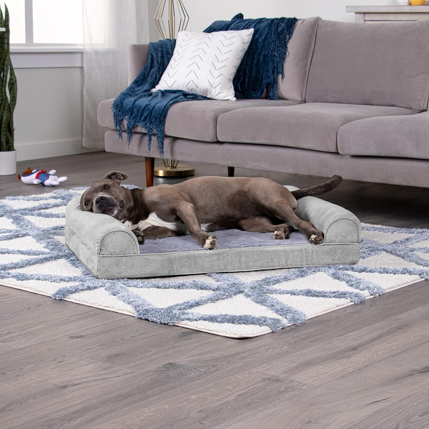 Furhaven Dog Bed Sofa Faux Fur & Velvet Sofa - Smoke Gray, Large W/Same Size Waterproof Liner