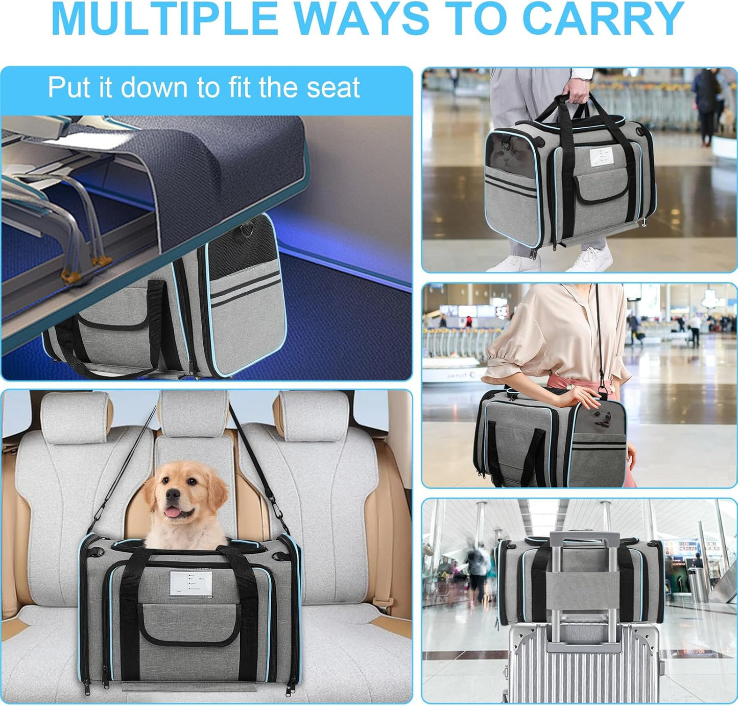 Pet Carrier Airline Approved, Expandable Pet Cat Carriers with Wheels for Dogs, Airline Approved Cat Dog Carrier, TSA Approved Pet Carrier in Cabin, Pet Dog Cat Carrier Soft, Cat Travel Carrier(Grey)