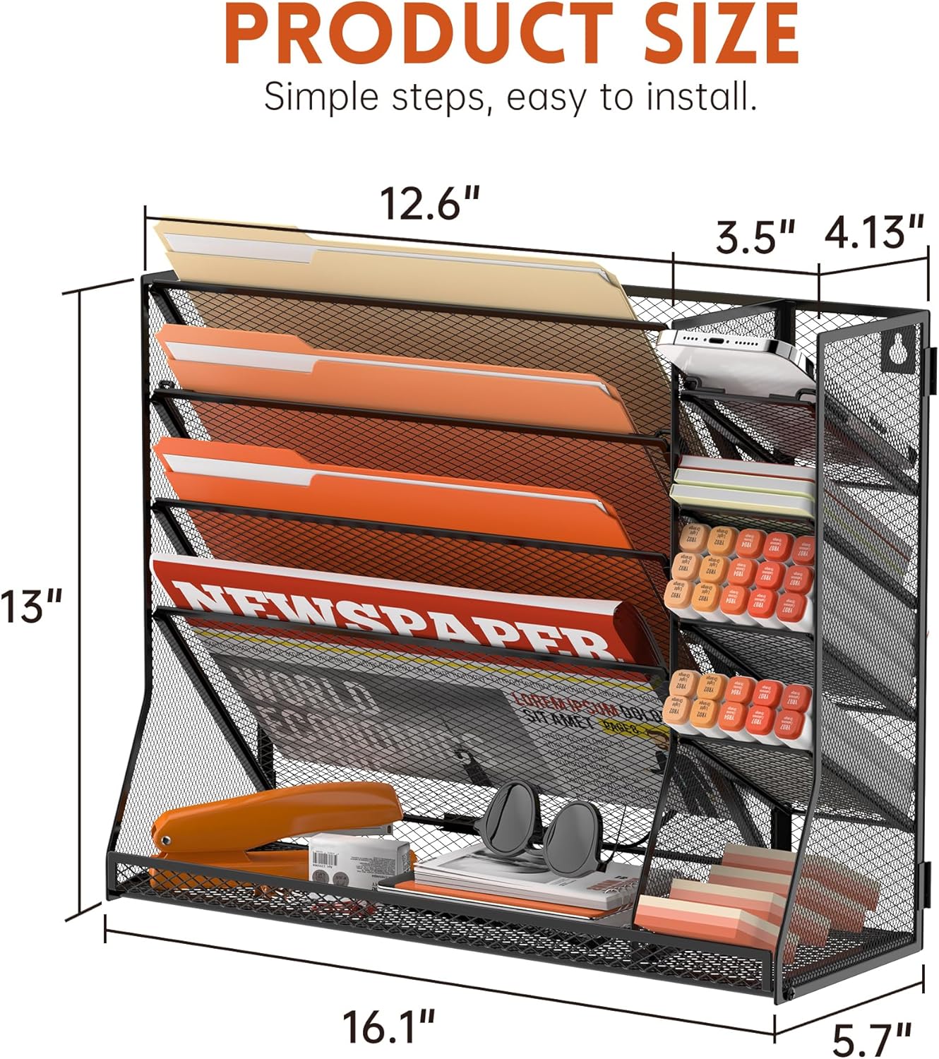 SUPEASY Wall File Organizer, 5-Tier office wall organizer with 4 Pen Holders, Wall Organizer for Office with R-shaped Bottom Tray, Metal Desk Organizer for Office, School, Home, Black