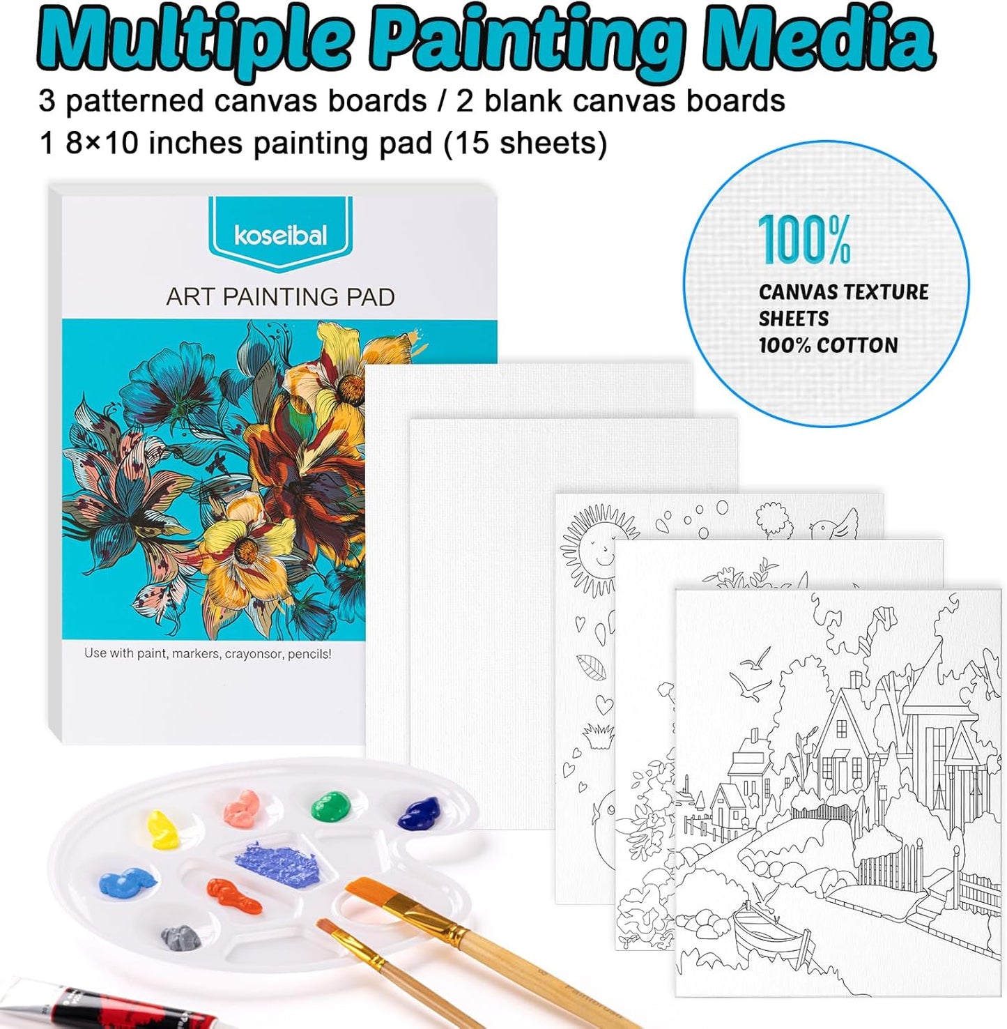 koseibal Acrylic Paint Set for Kids, Art Painting Supplies Kit with 18 Paints, 5 Canvas Panels, 8 Brushes, Table Easel, Etc, Premium Paint Set for Students, Artists and Beginner