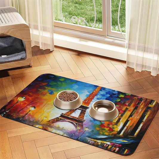 Paris Eiffel Tower Painting Pet Feeding Mat 30x45cm Absorbent Leather Dog Cat Food Mats Non-Slip Dog Bowl Mats for Food and Water, Quick Dry Pets Placemats for Cats and Dogs Water Bowl