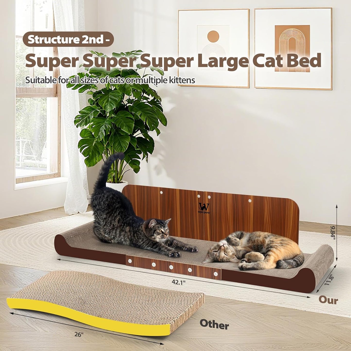 86.4cm(34인치) 고양이 스크래처 침대, 업그레이드된 판지 스크래치 패드, 실내 고양이를 위한 엑스트라 라지 고양이 스크래처, 컨버터블 수직 고양이 스크래칭 보드 가구 프로텍터