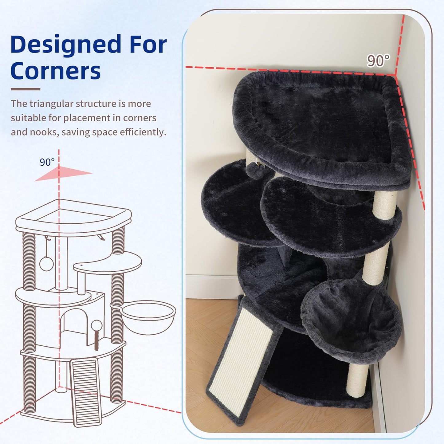 Corner Cat Tree for Indoor Cats, Cat Tower with All Sisal Scratching Posts, Multi-Level Cat Condo wth Cat Cave, Large Top Perch, Hanging Basket, Sisal Scratching Ramp, Drak Gray GCT025G