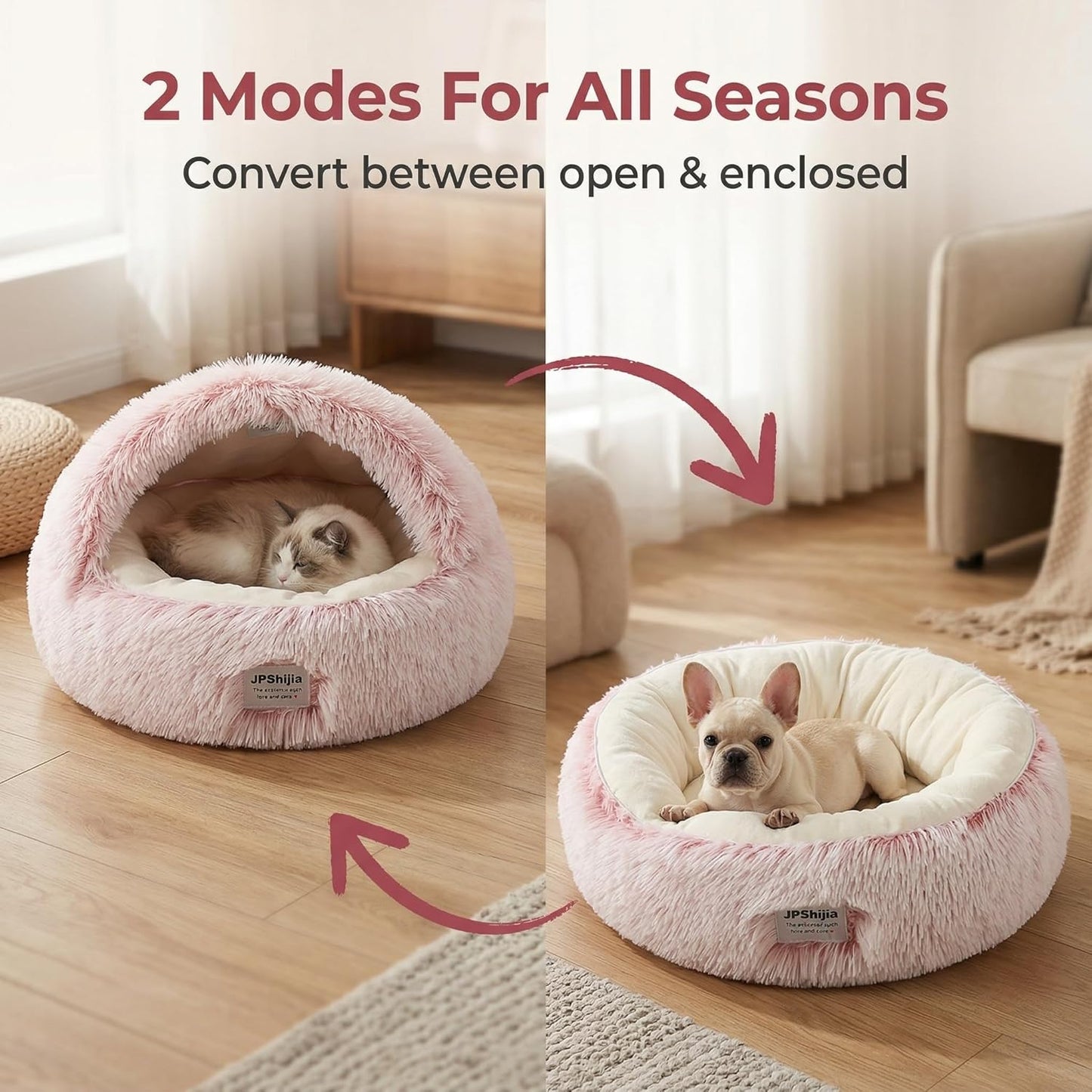 Cat Cave Bed, Dog Bed with Cover, that is, Warm, Full of Security, The Cover Can Be Removed to Become a Doughnut Bed, Suitable for All Seasons (Cave Bed - Pink, Medium 19.7 Inches)