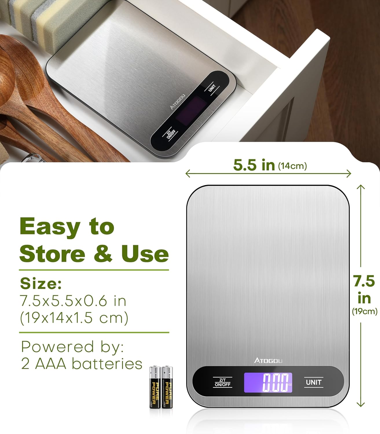 Atogou Food Scale, 33lb/ 15kg Digital Kitchen Scale with Full View LCD Display, Durable Stainless Steel Surface, for Cooking, Baking, Meal Prep Black