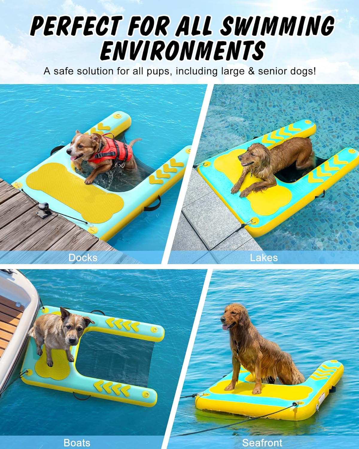 Inflatable Dog Water Ramp, 60"x 40" Extra Large Boat Ramp Floating Dock for Pool Dock Lake Boat, Non-Slip EVA Floating Platform Swimming Float Ladder Steps Pup Plank Pool Ramps for Dogs Up to 240 lbs