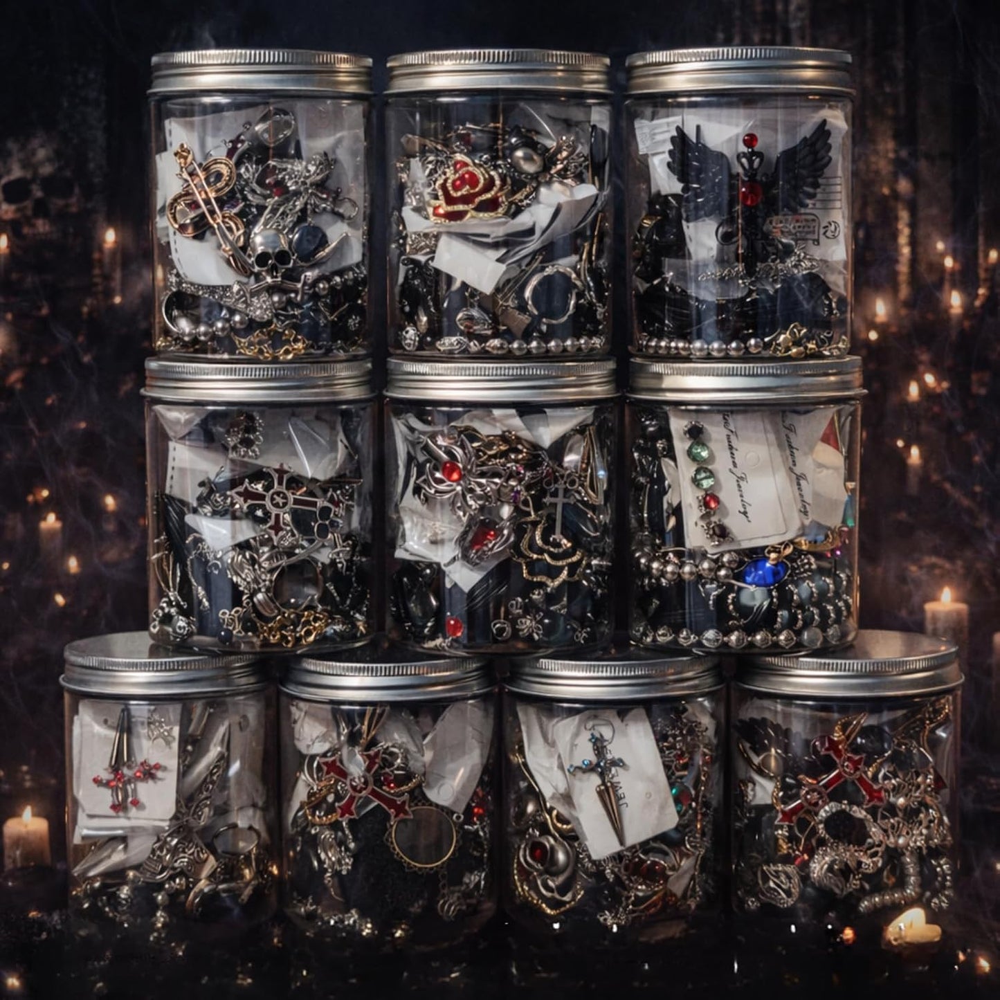 Gothic Mystery Jewelry Jar Witchy Jewelry Gift Set Surprise Jewelry Set Includes Necklaces, Earrings, Rings, Bracelets, Brooch for Unique Anniversary Birthday Friendship