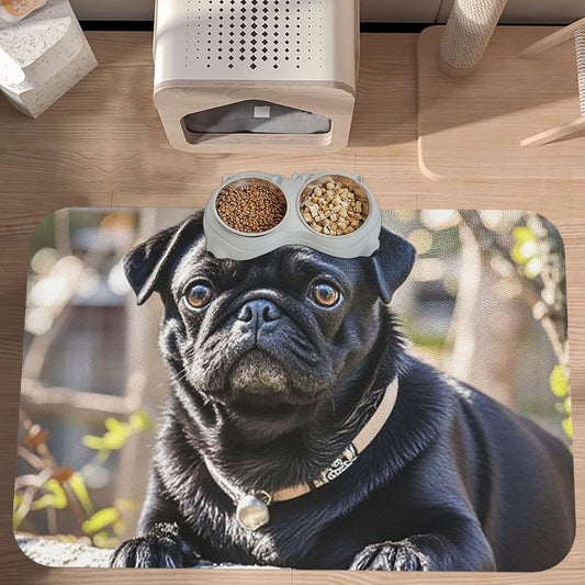 Pet Feeding Mat Leather Dog Food Mat Waterproof Pet Tablecloth Cute Black Pug Dog Pet Placemat for Dogs Absorbent Dog Bowl Mat Anti-Slip Dogs Mats for Food and Water