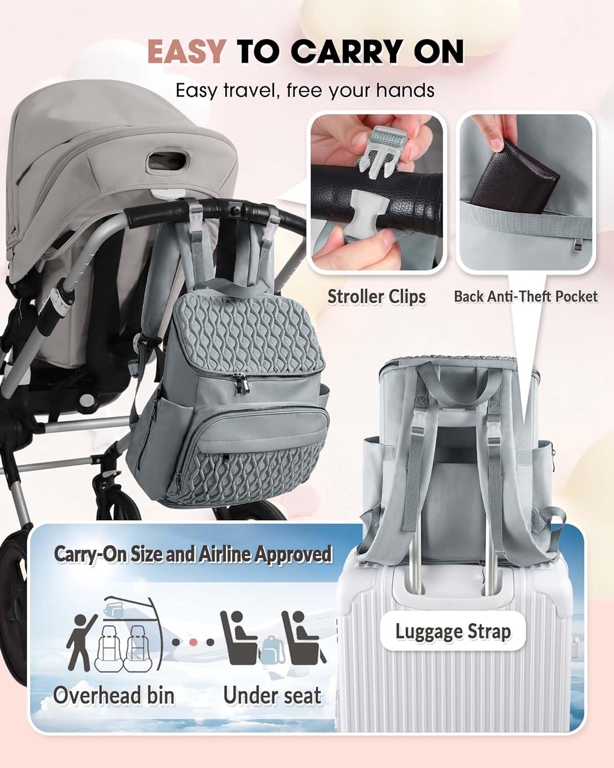 Baby Diaper Bag, Multi-Function Baby Bag for Mom Dad, Diaper Backpack with Changing Pad Stylish Pañaleras para Bebe Stroller Straps, Newborn Baby Essentials Must Haves for Women Grey Green