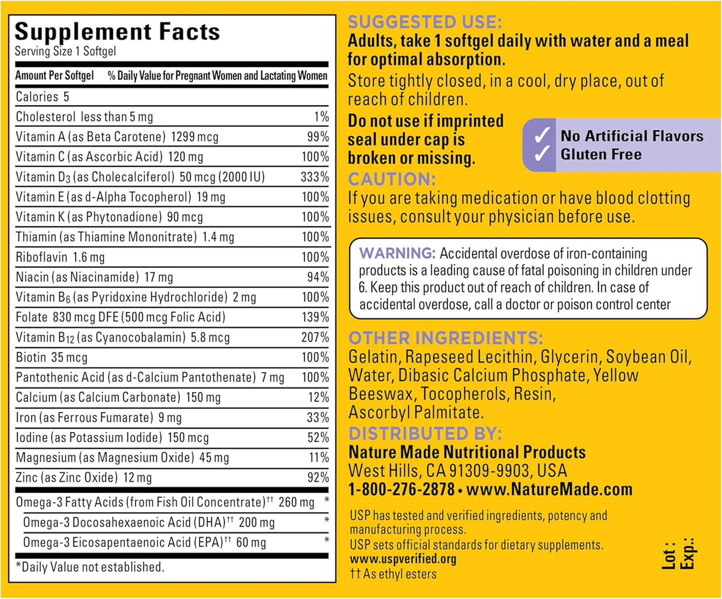 Nature Made Postnatal Multivitamin + DHA 200 mg, Postnatal Vitamins for Women, Includes Iron, Vitamin D3, Calcium, Iodine & More for Breastfeeding Moms, 60 Softgels