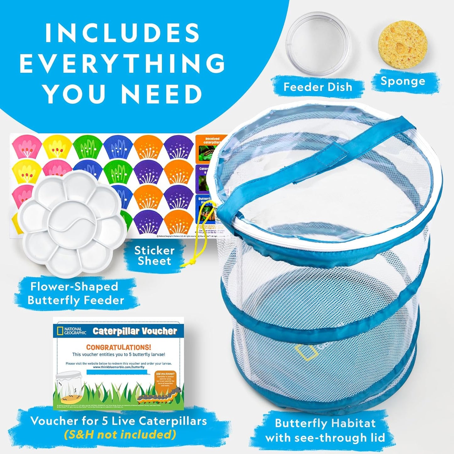 National Geographic Butterfly Growing Kit - Butterfly Habitat Kit with Voucher to Redeem 5 Caterpillars (S&H Not Included), Butterfly Cage, Feeder, Easter Basket Gifts for Kids