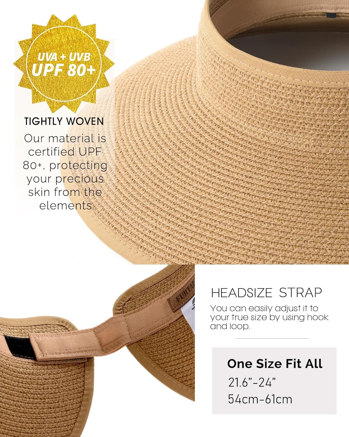 FURTALK Sun Hats for Women Wide Brim Beach Hat Straw Visor Ponytail Summer UV Packable Foldable Beach Vacation Essentials
