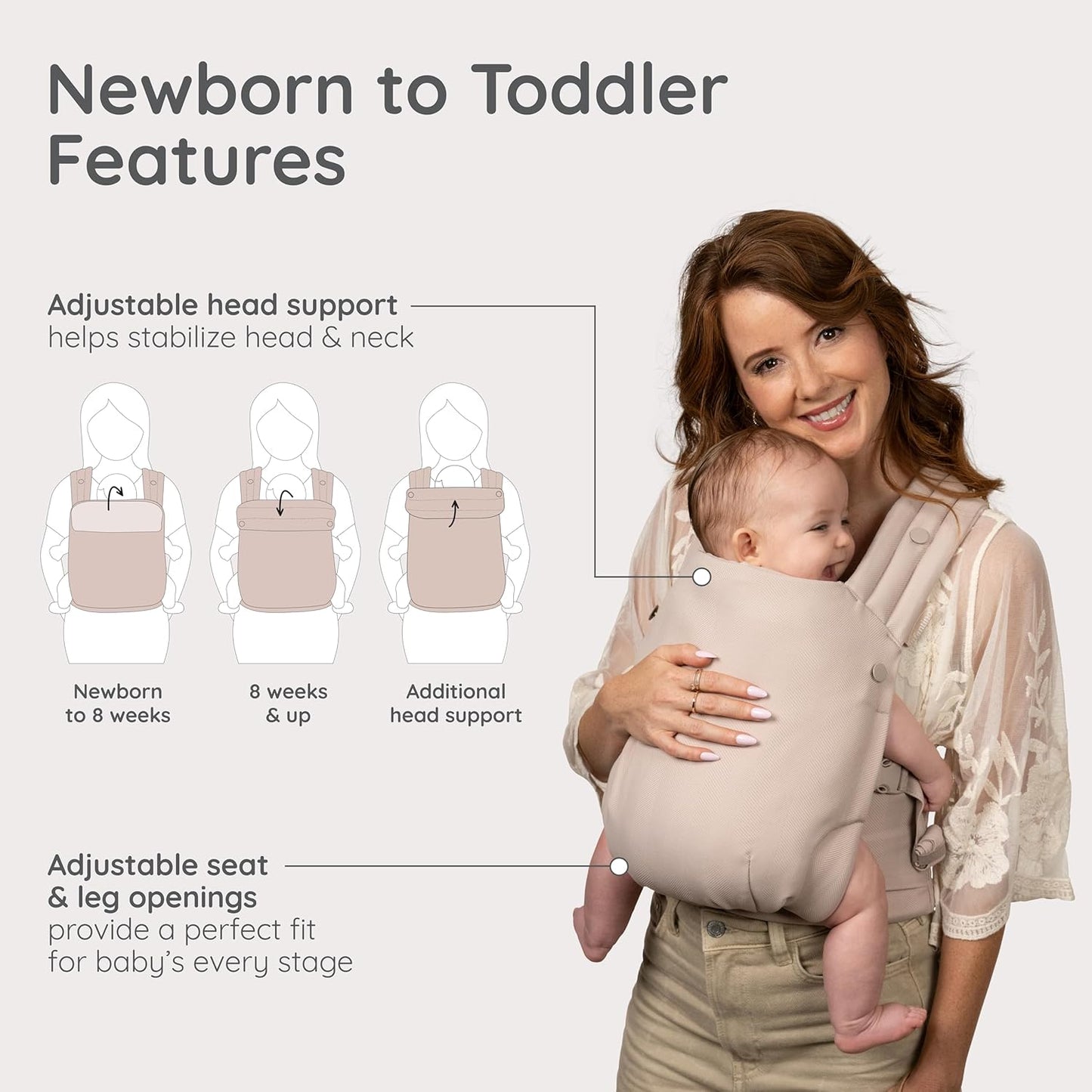Infantino Honey Blossom Baby Carrier, Ergonomic Infant to Toddler Carrier, Hip Healthy “M” Position Support, Adjustable Sliding Seat, Padded Cross-Back Straps, 7-40 lbs, Toasted Almond