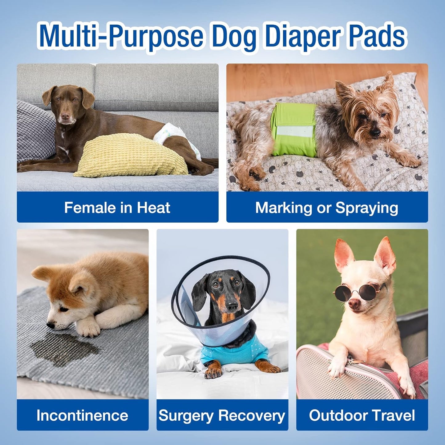 Pet Soft Disposable Dog Diaper Liners Booster Pads - Fit for Most Washable Dog Diapers & Dog Belly Bands Wraps, Ultra Absorbent for Marking, Incontinence, Female in Heat (Blue,S-50)