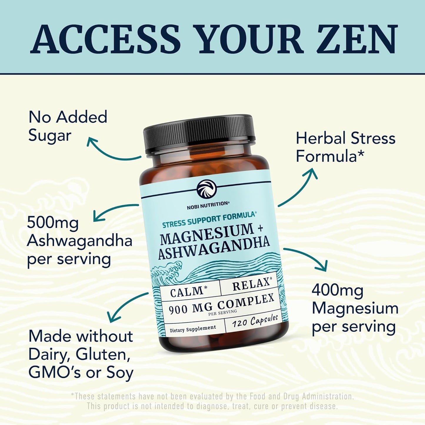 Magnesium Ashwagandha | Calming Magnesium Supplement for Adults | Relax, Rest, Calm Mood & Sleep Support | Mag Citrate & Oxide 400 mg + Ashwagandha 500 mg | Muscle Health & Stress Relief | 120 Ct