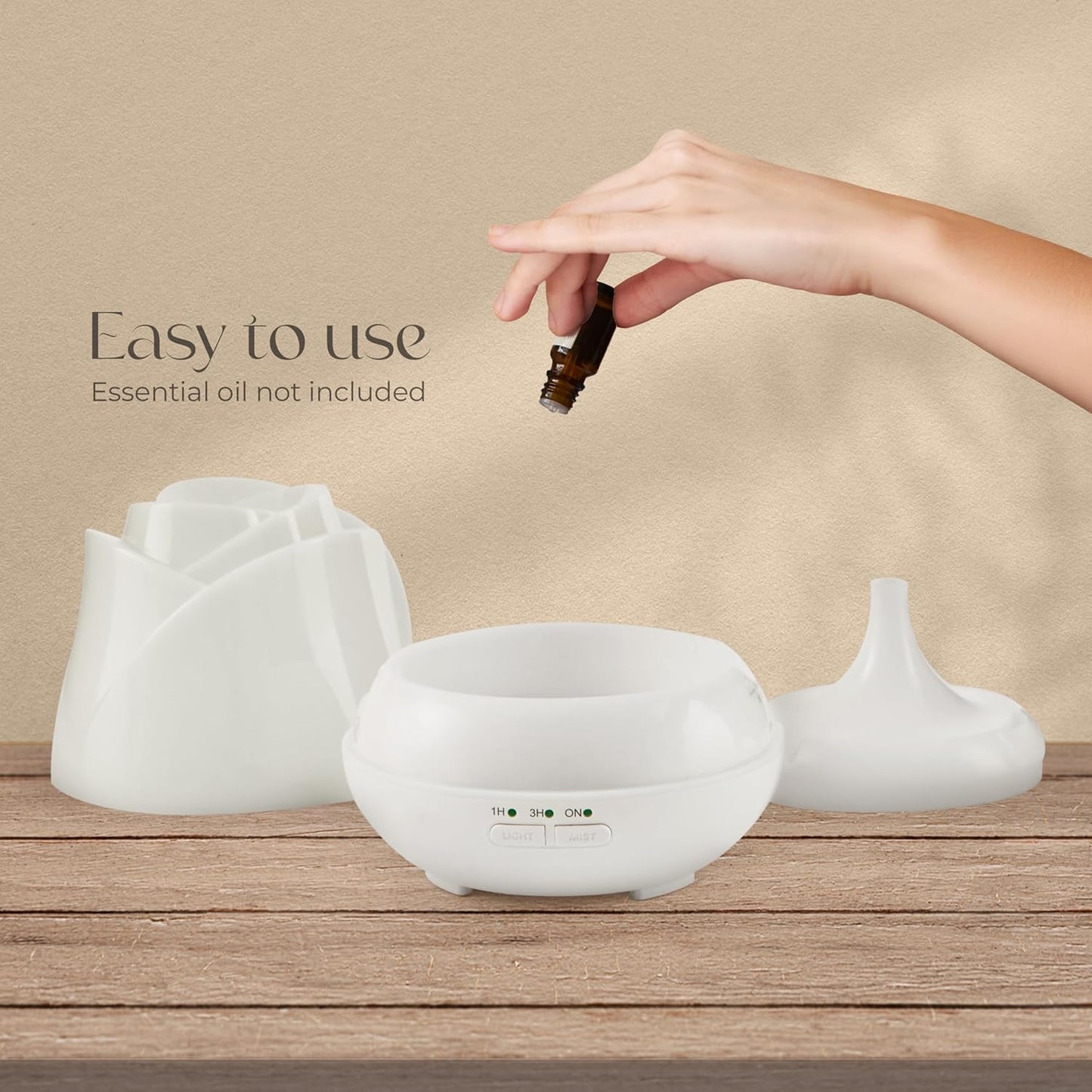Earnest Living Rose Essential Oil Diffuser 150ml – Mini Ultrasonic Aromatherapy Humidifier for Bedroom & Desk, Quiet Mist, USB Powered, 7-Color Night Light, Valentine's Gift for Women – Solid White