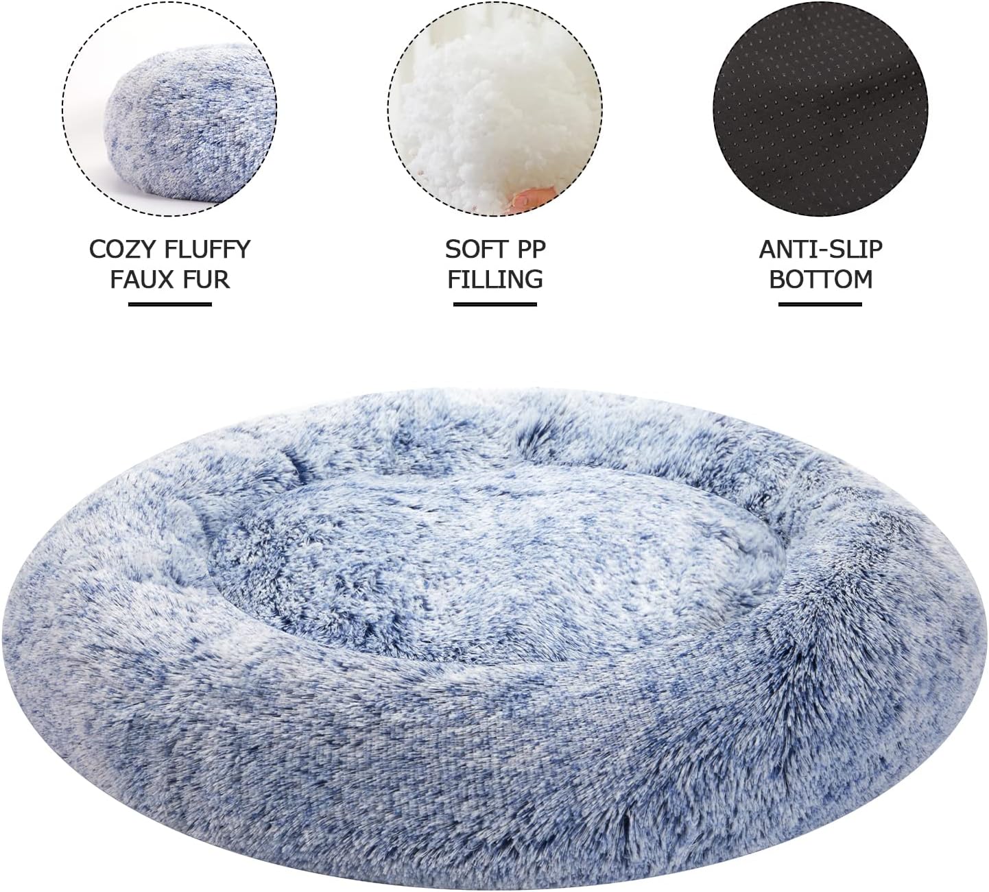 Bedfolks Calming Donut 강아지 침대, 58.4cm(23인치) 둥글고 푹신한 강아지 침대, 소형견용, 세탁기 세탁 가능한 불안 방지 플러시 강아지 침대(네이비 블루, 스몰)