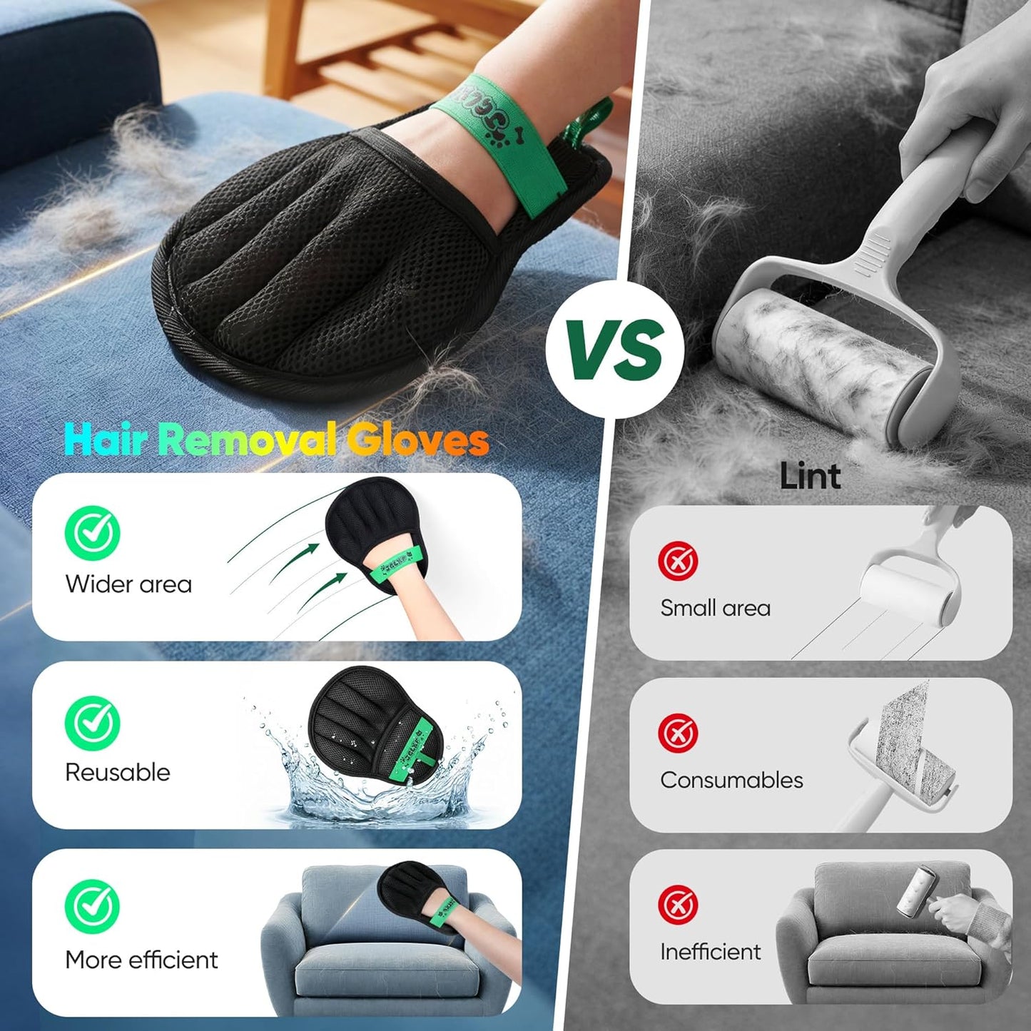 Upgraded Pet Hair Removal Glove for Dogs & Cats, Electrostatic Five-Finger Hair Remover for Furniture, Couch, Carpet, Clothing& Car Seat, 1Pcs Reusable Magic Brush Pet Hair Remover Tool (Black)
