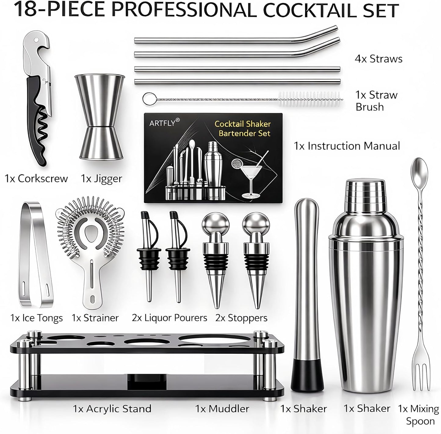 Cocktail Shaker Set, 18-Piece Bartender Kit with Acrylic Stand, 18/8 Stainless Steel Bar Set with Martini Shaker, Jigger, Muddler & Recipe Book for Home Bar