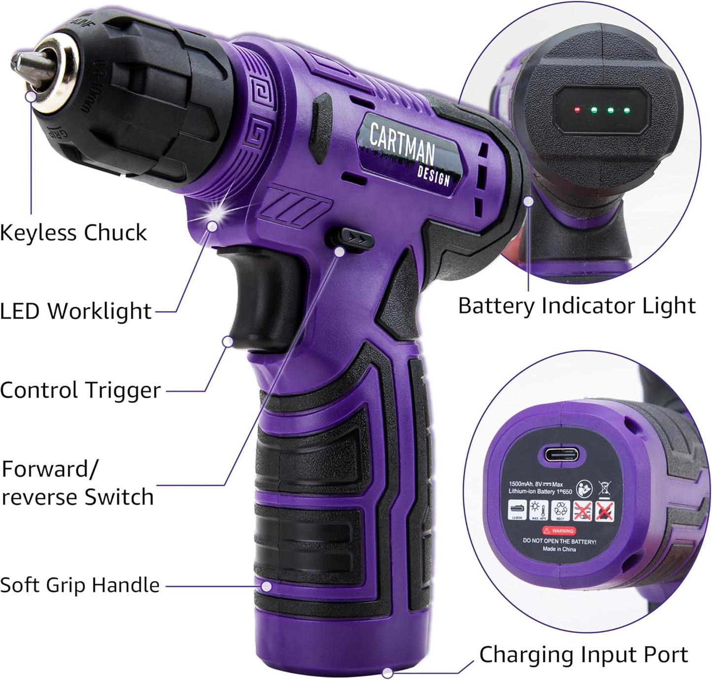 CARTMAN 150 Piece Tool Set, Tool Set with 8V Purple Cordless Drill Set, Home Tool Kit