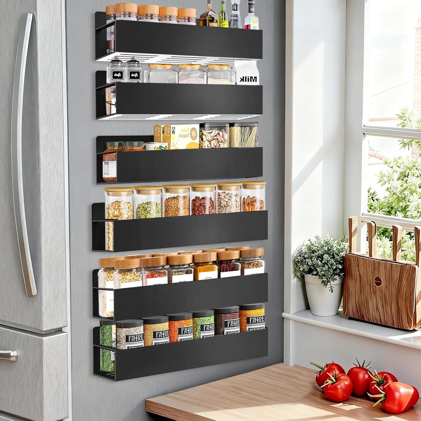 Magnetic Spice Rack Organizer for Fridge Seasoning Organizer for Kitchen storage with Screw Magnetic Shelf with Hook for Refrigerator and Oven (6pack-Black)