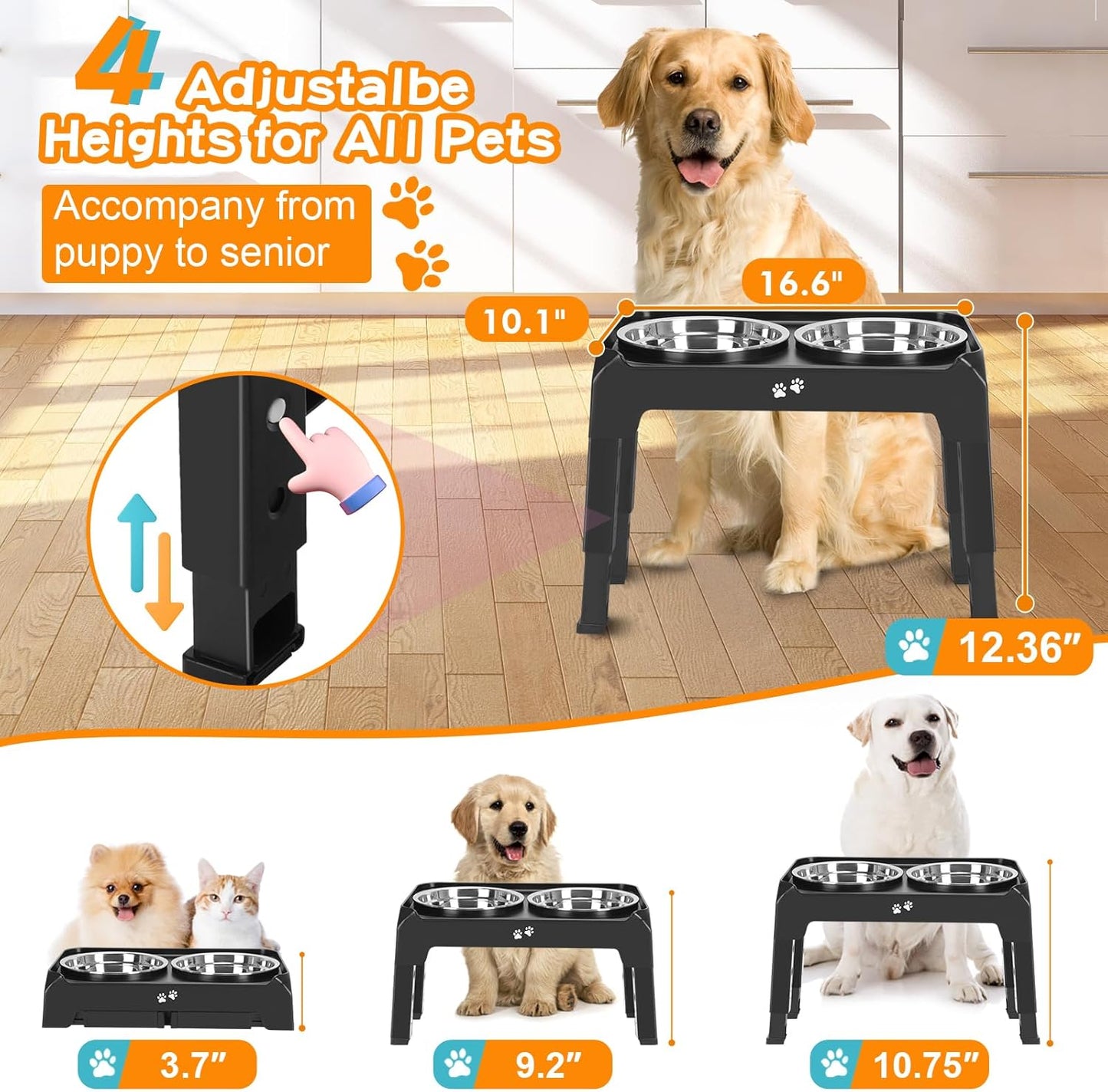 COMESOON Elevated Dog Bowls, 4 Height Adjustable Raised Bowl Stand with 2 Thick 50oz Stainless Steel Food Bowls Non-Slip Feeder Adjusts to 3.7'', 9.2'', 10.75'', 12.36'' Black, (DB-W01)