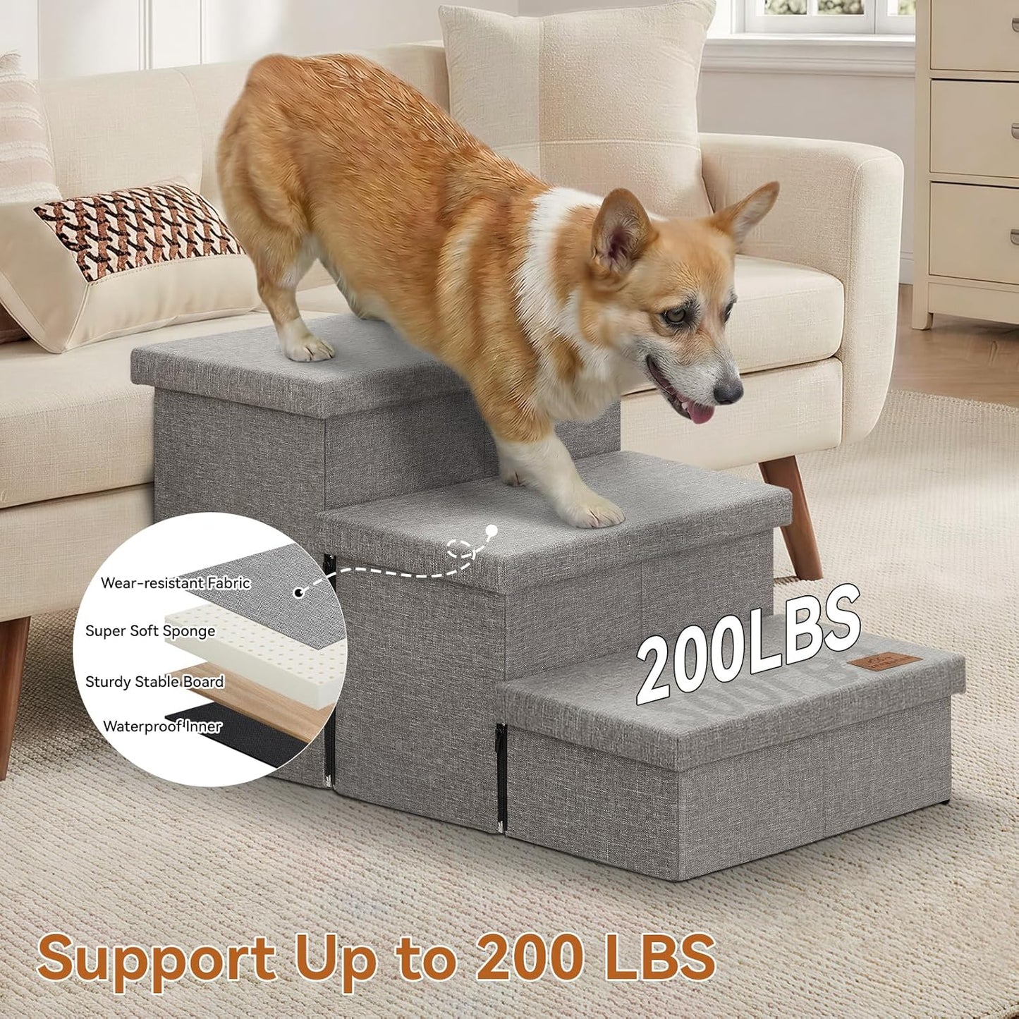 Wider Dog Ramp for High Bed with Storage 18" H, Foldable Dog Stairs for Small Medium Large Older Senior Animal, Sturdy Dog Step for Climbing Bed or Couch, Arthritis-Friendly (Gray, No Condo)