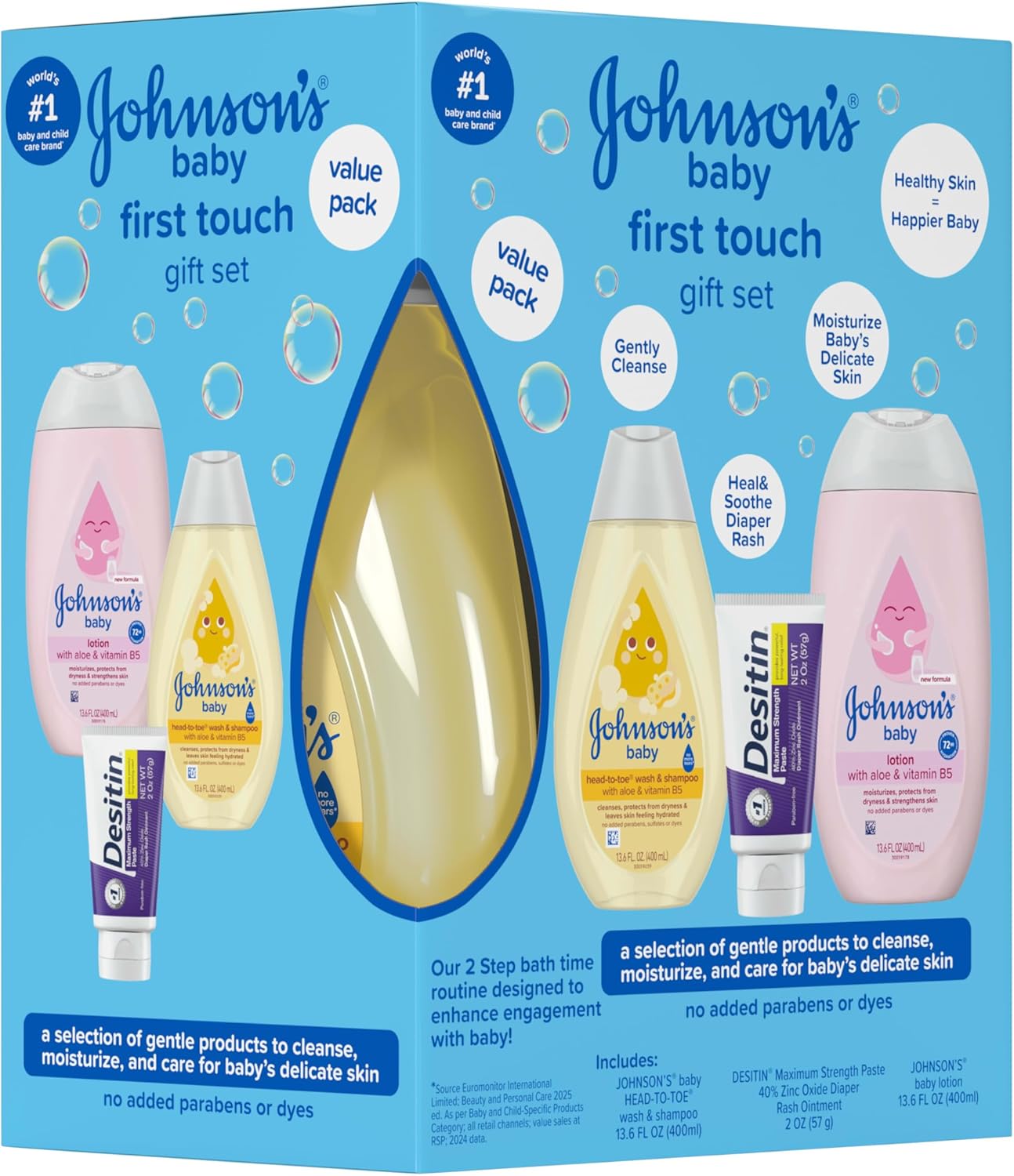 Johnson's First Touch Baby Essentials Gift Set with Body Wash & Shampoo, Body Lotion, & Zinc Oxide Diaper Rash Cream for Baby's Delicate Skin, Hypoallergenic, No Parabens or Dyes, 3 Items