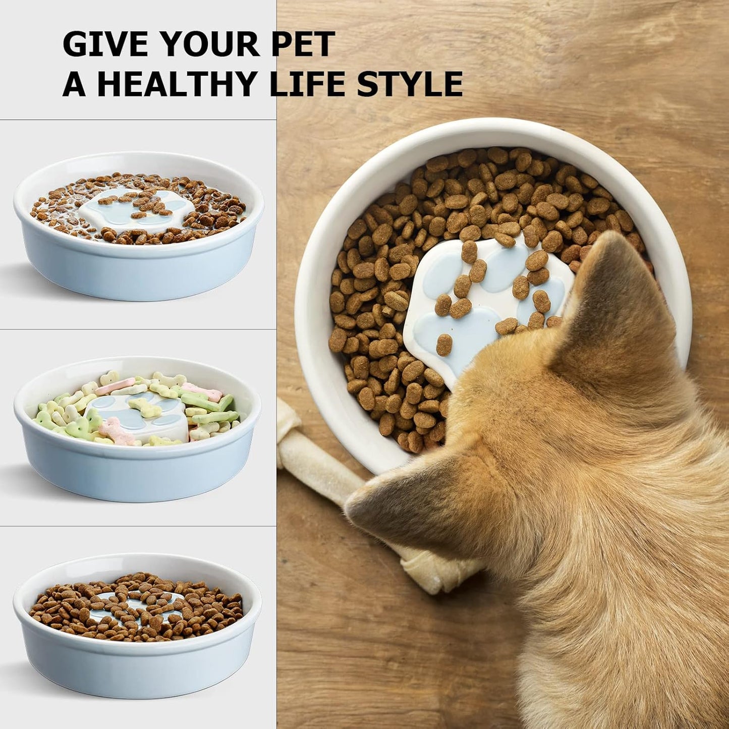 Y YHY Slow Feeder Dog Bowls, Ceramic Dog Bowls for Dry and Wet Food, Non-Slip Slow Dog Bowls for Small and Medium Dogs, Slow Feeder for Cats and Dogs, 21 oz - 2 Cup