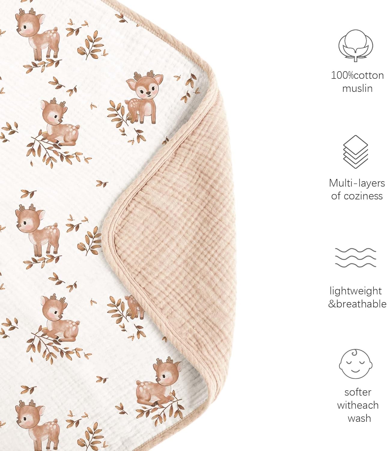 Konssy Muslin Baby Blankets for Girls Boys, 100% Cotton Crib Blanket for Baby Infant Toddler, Super Soft and Lightweight Nursery Blankets 40"x36" (Deer)