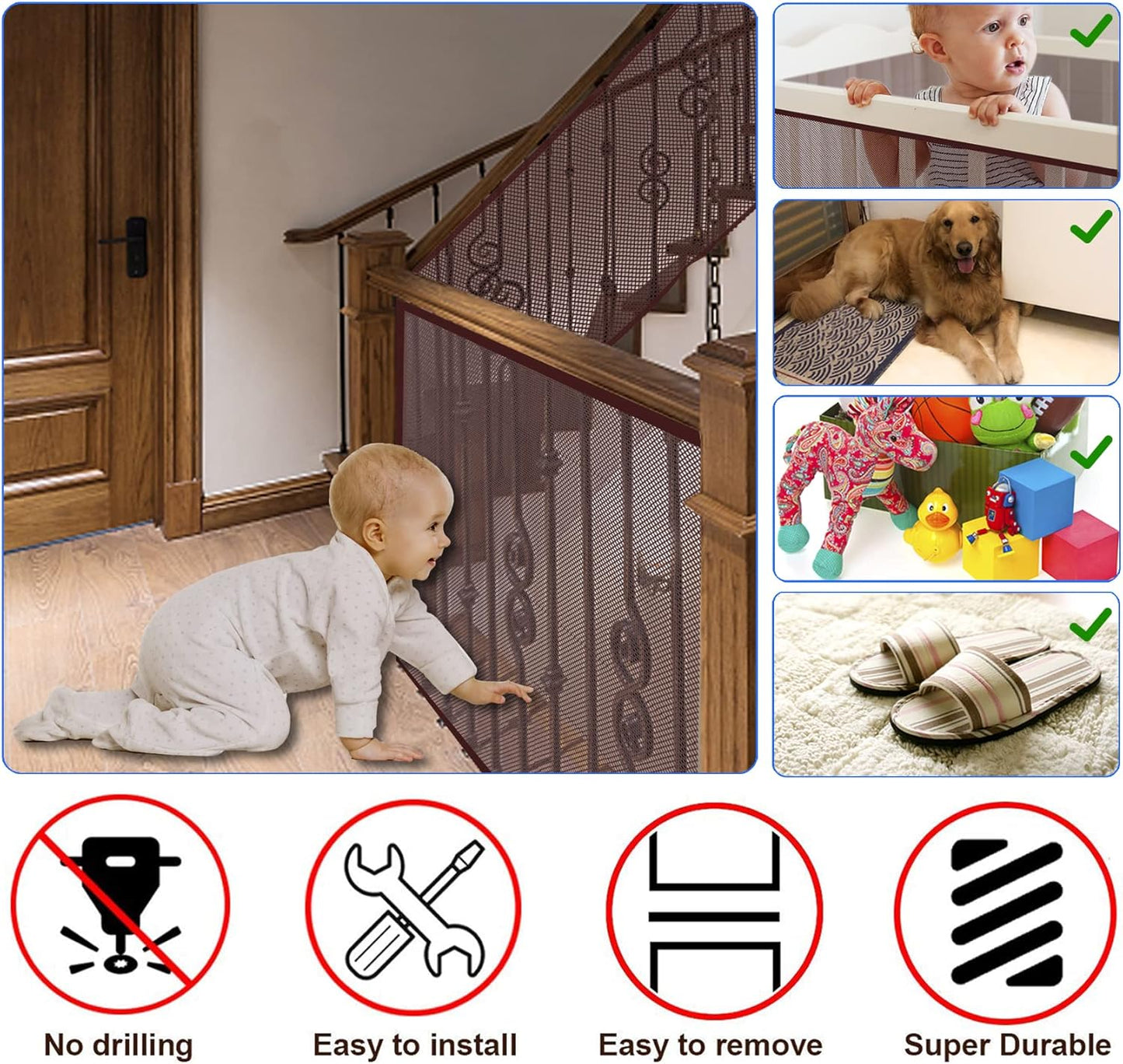JIFTOK Baby Gate for Stairs, Banister Guard for Kids, Pets, Toys, 10ft L x 2.6 ft H, Mesh Netting Safety Net for Balcony Rail Stair, Stairway Net Baby Safety Products for Indoor & Outdoor (Brown)