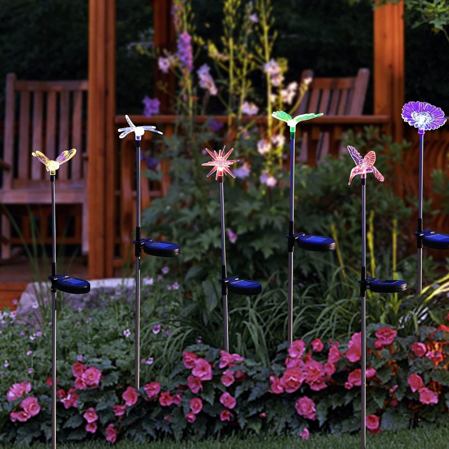 Glintoper 6 Pack Solar Garden Stake Lights Outdoor, Solar Butterfly Figurine Lights, Multi-Color Changing LED Landscape Lighting, Sparkling Star Flower Hummingbird Dragonfly Bee for Patio Yard Pathway