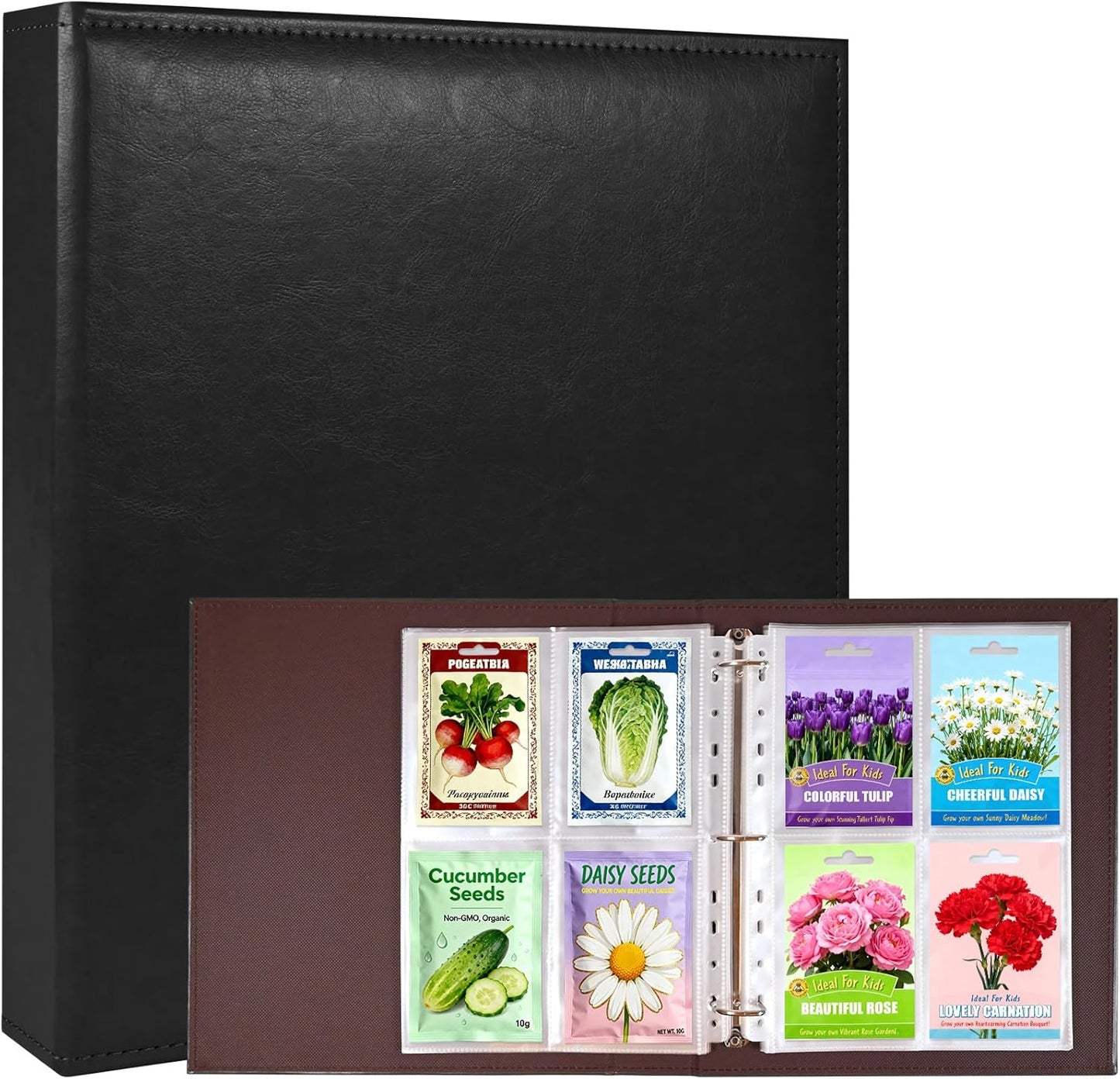A4 3 Ring Binder Garden Seeds Storage Album with 30 Pcs 3.5x5” Seed Packet Sleeves, PU Leather Hardcover Organization Book for Seed Packet，Photo, Index Card，240 Top Loading Pockets Capacity