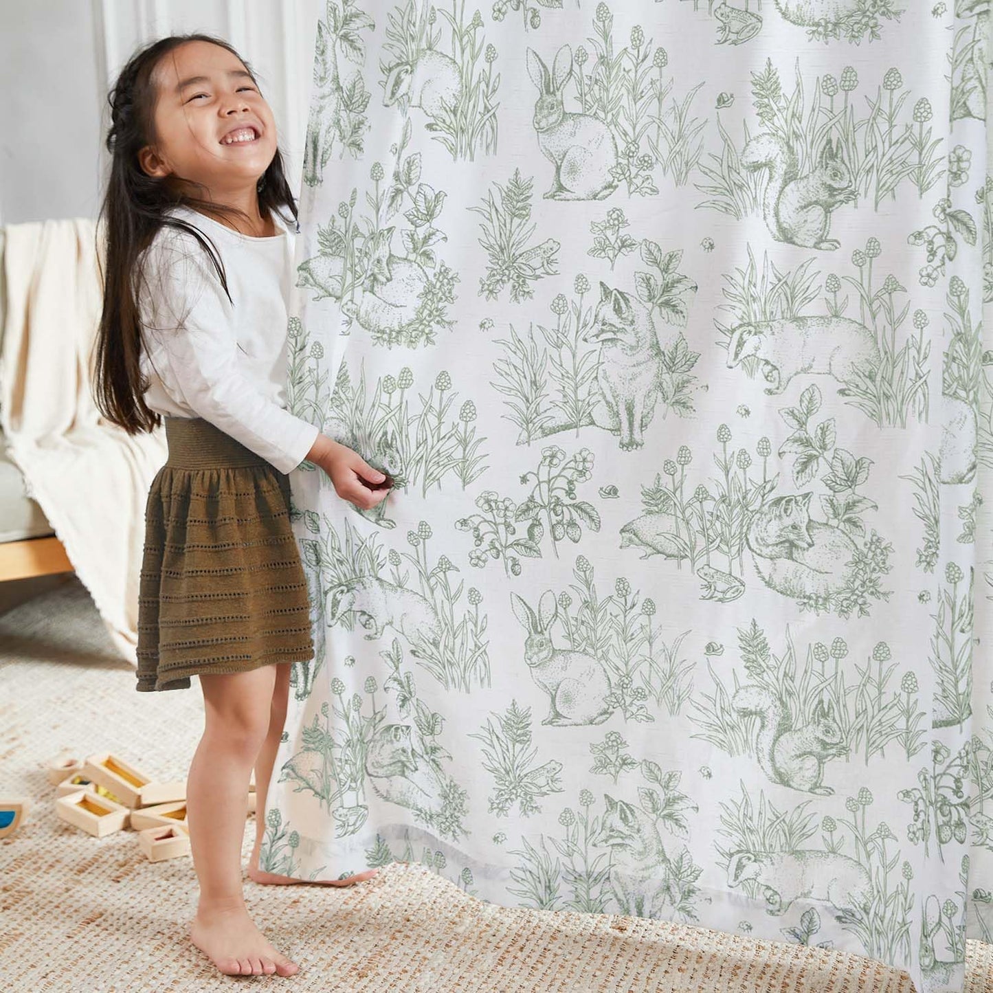 jinchan Easter Decor Linen Nursery Curtains 84 inch Long Woodland Wildlife Sage Green Print Drapes for Kid's Room Light Filtering French Country Farmhouse Curtains with Bunny Design Set of 2 Panels