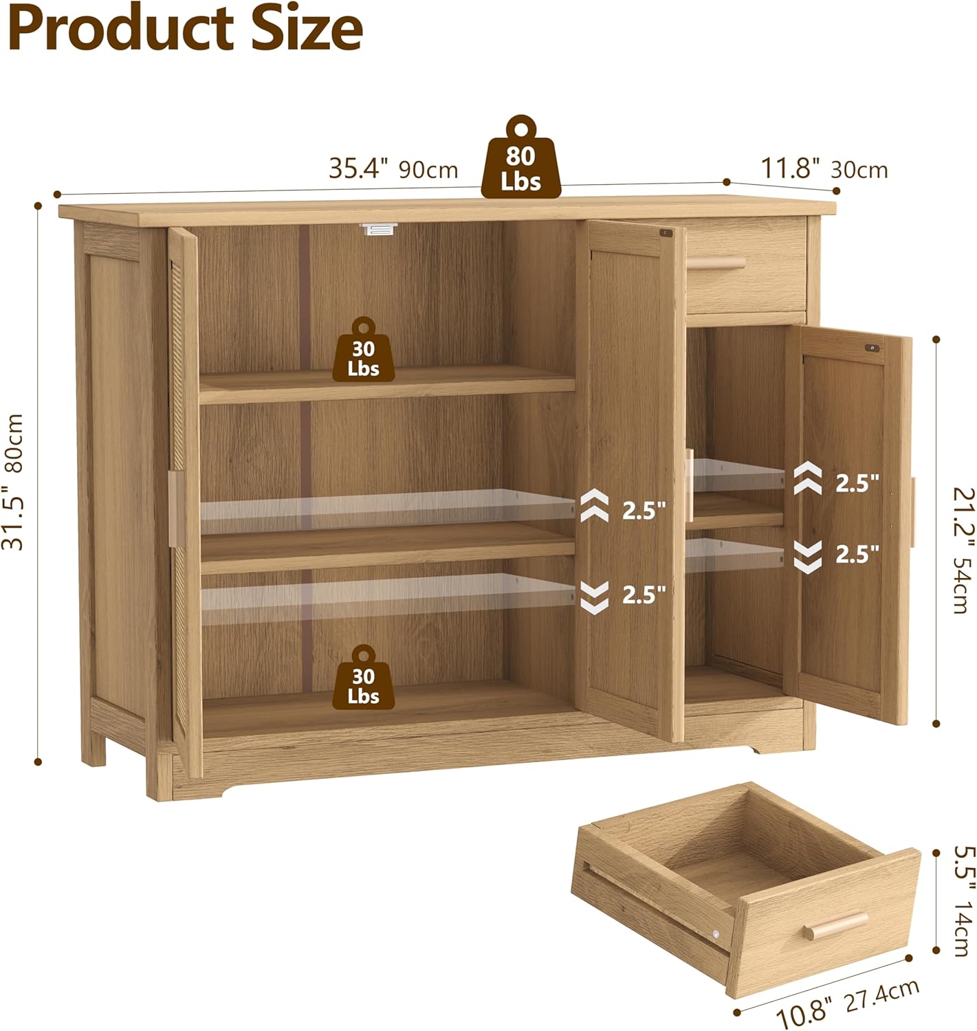 Buffet Cabinet with Storage, Rattan Storage Cabinet with 3 Doors & Drawer, Accent Kitchen Sideboard with Adjustable Shelves, Coffee Bar Cabinet for Living Room, Entryway, Natural Oak