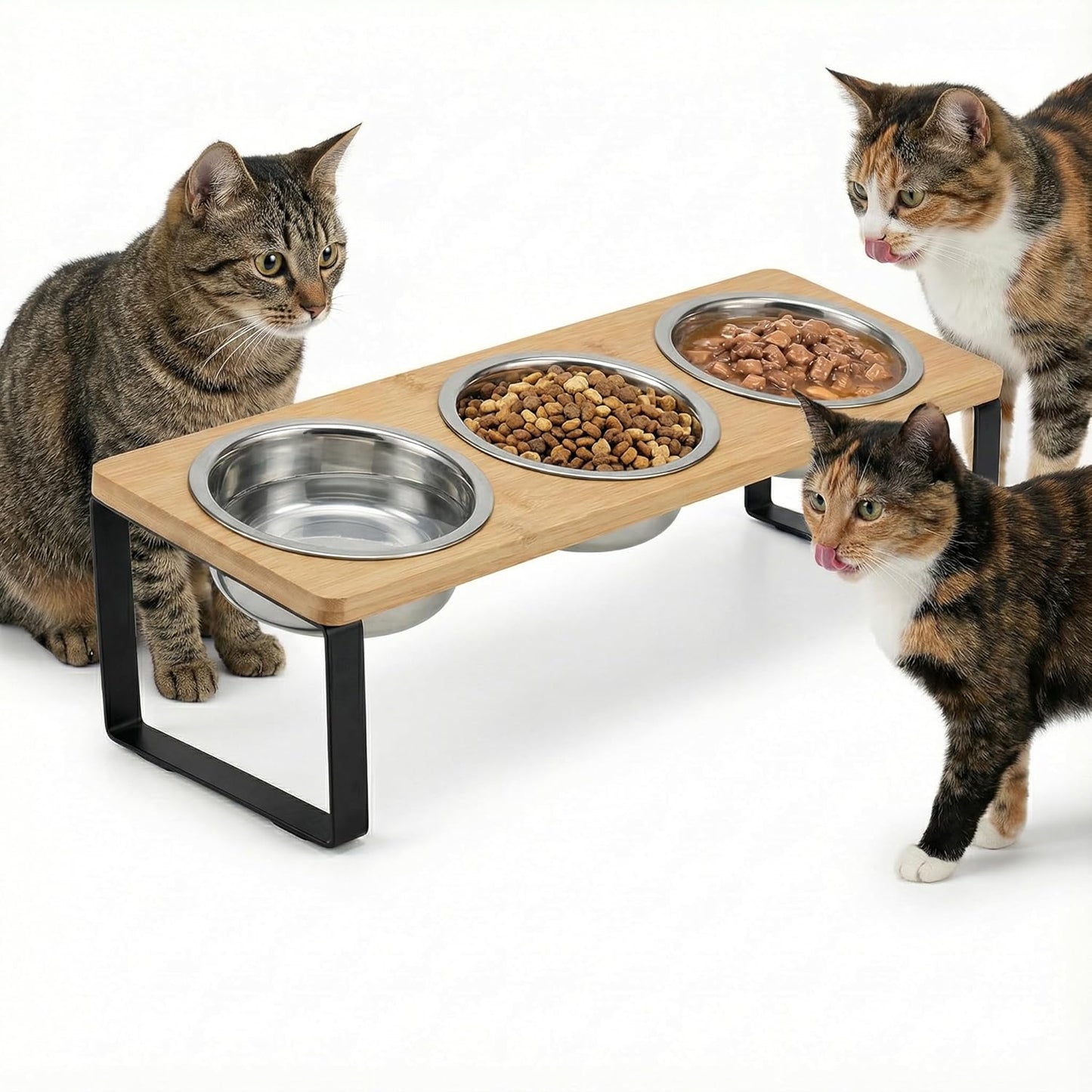 Tilted Raised Cat Bowls with Wooden Stand, Stainless Steel Food & Water Bowl Set for Cats and Kittens, Whisker Friendly, Anti-Spill, Dishwasher Safe, Double & Triple Bowl Options (Triple Bowl)