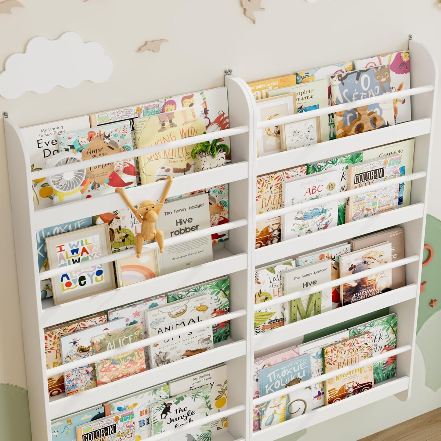 FOTOSOK Kids Bookshelf, Wall Mount 4-Tier Book Shelf Organizer for Toys and Books, Toy Storage Bookshelf in Bedroom, Living Room and Nursery, White