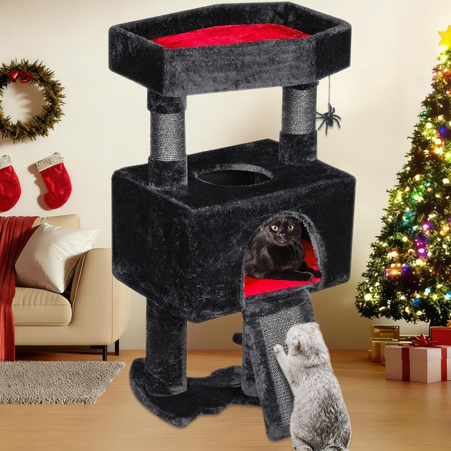 BEWISHOME 33.6in Cat Tree Tower for Indoor Gothic Cat Trees with Coffin Bed, Cat Condo Cat House with Scratching Posts, Cat Shelves with Spider Toy, Pet Play Activity Center Black with Red, MMJ95R