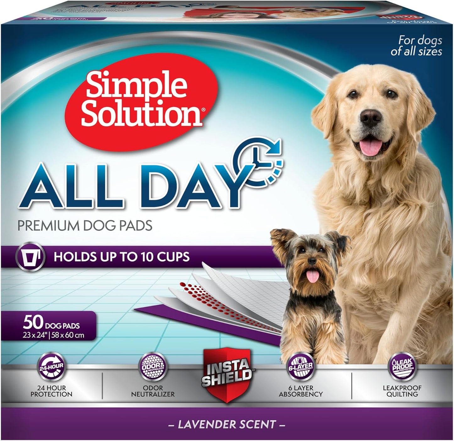 Simple Solution All Day Dog Pads, Disposable Puppy Training Pads with Lavender Scent, Leak Proof Pet Pee Pads for Indoor Potty Training, Odor Control, Quick Dry Floor Protection, 23"x24", 50 Count