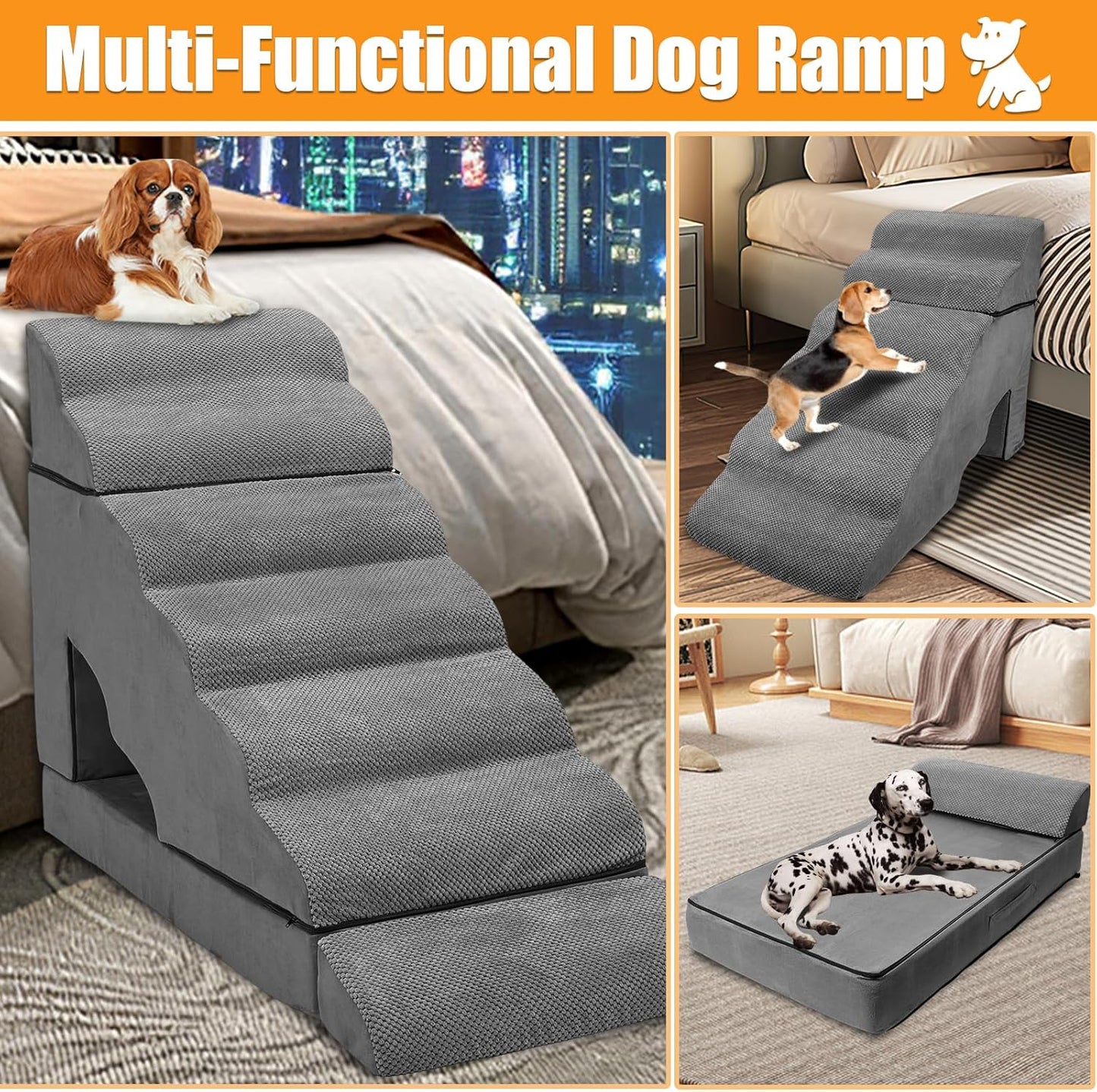 A.FATI 7 Tier Dog Stairs for High Beds, 34" H Non-Slip Foam Dog Steps, 30D Foam Doggie Ramp, 3 in 1 Pet Stair & Bed for Small/Elderly Dogs/Cats, Dark Gray