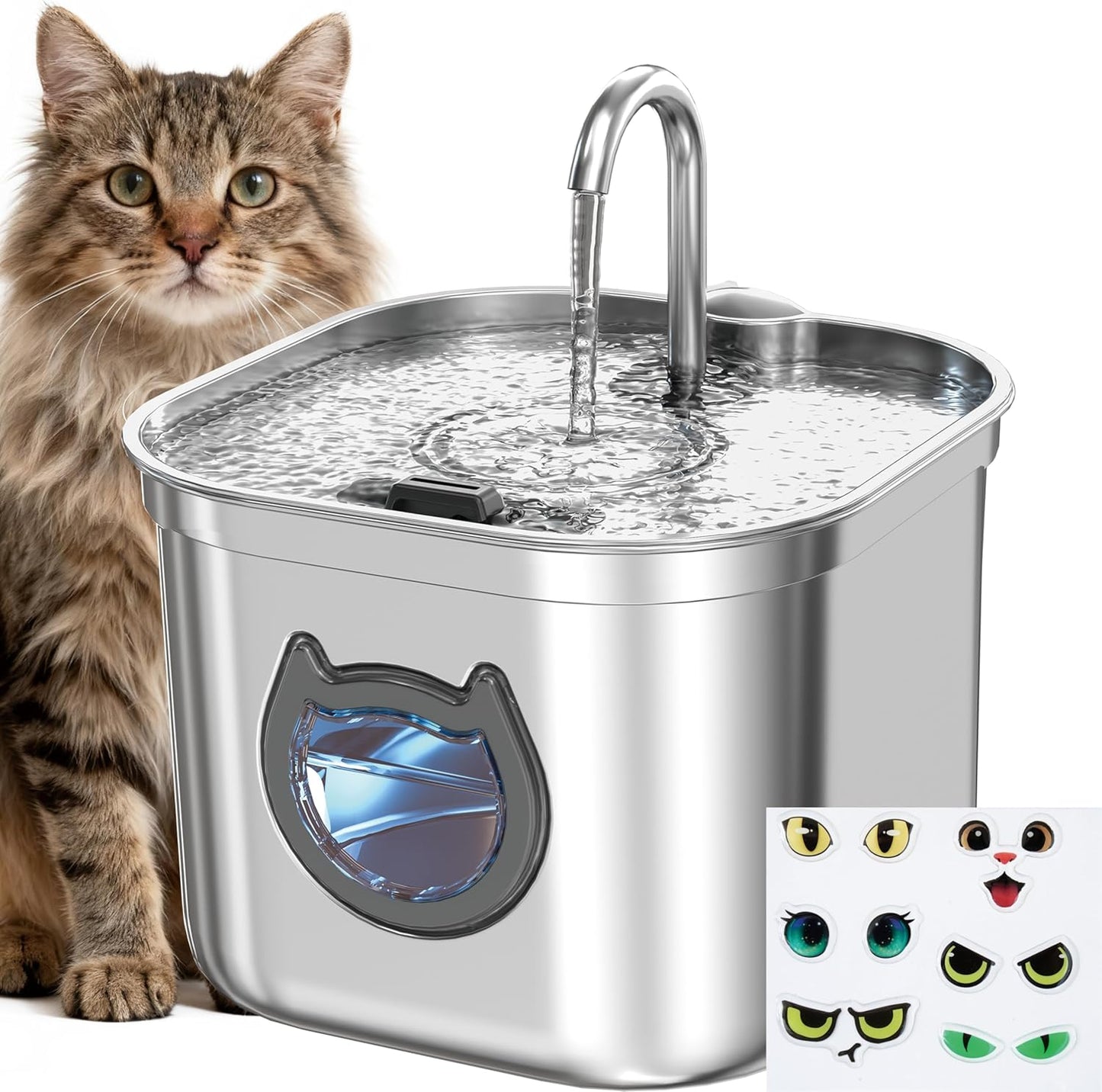 Luxury Automatic Cat Water Fountain for Pets, 2.2L/74oz Stainless Steel Dog Water Dispenser with Filter, BPA Free & Silent, Featuring LED Light, Easy Clean & Cat View Window Black