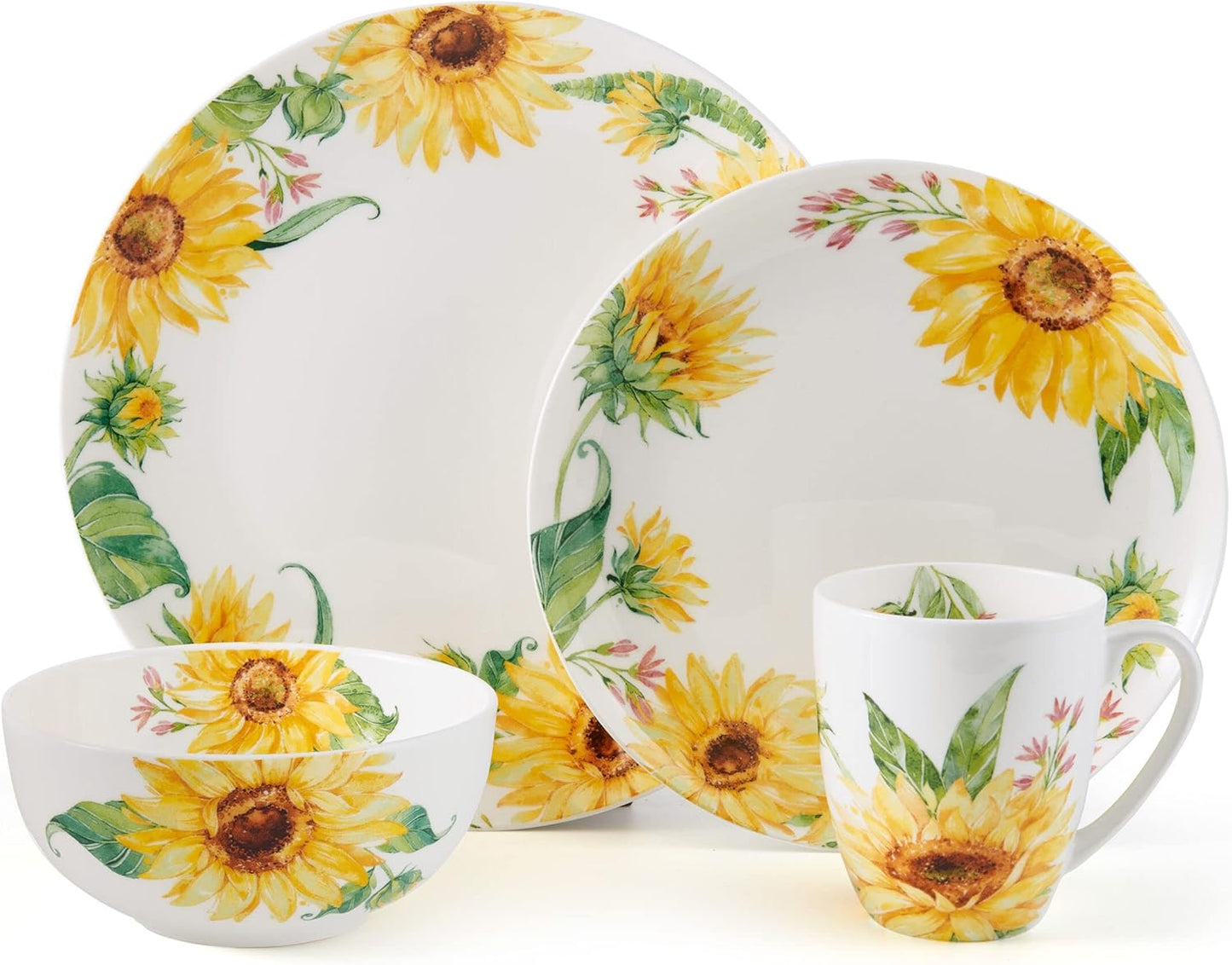 Mikasa Sunflower Bone China Lightweight Chip Resistant 16 Piece Dinnerware Set, Service for 4, Multicolor