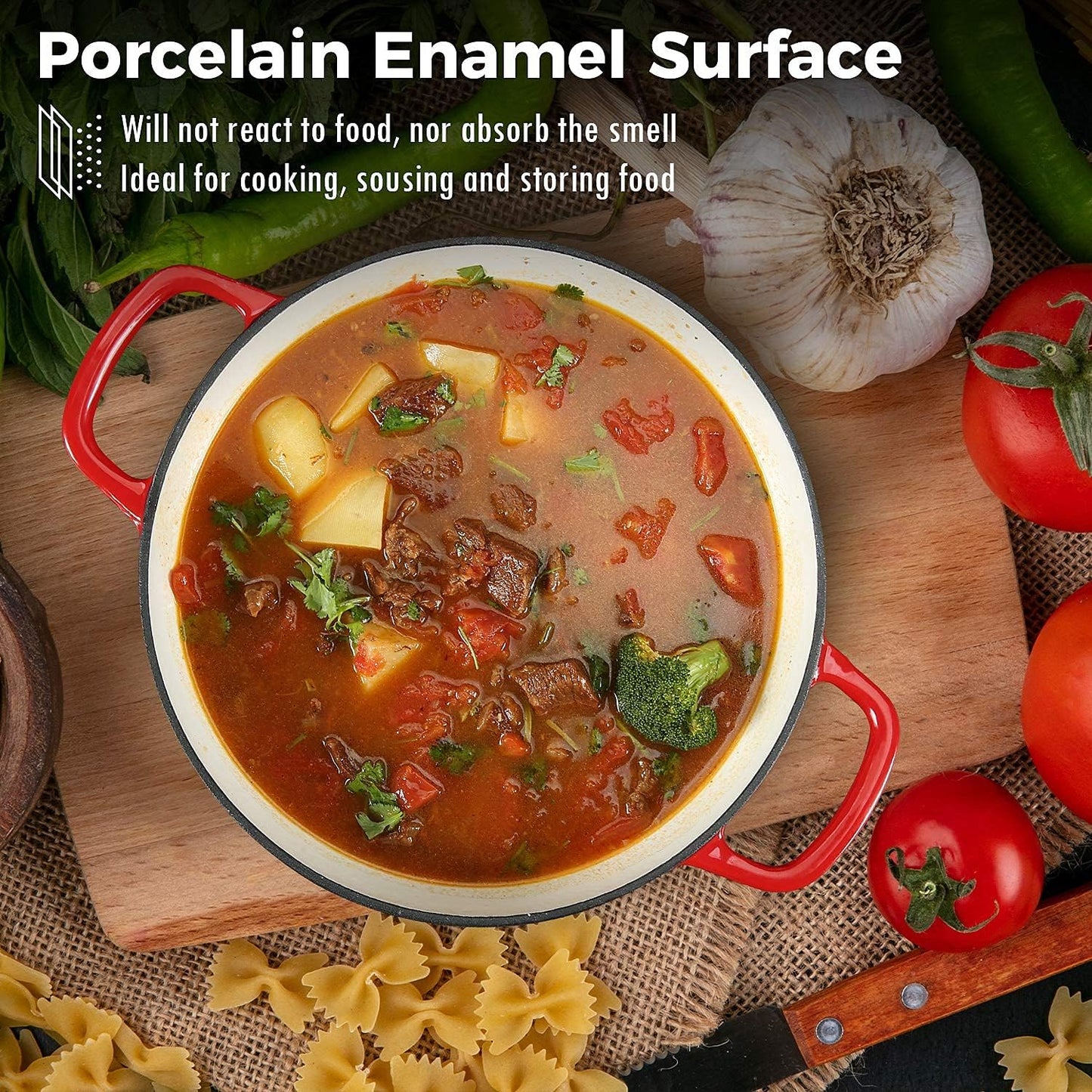Cast Iron Casserole Braiser, 3.8 Quart Enameled Cast Iron Dutch Oven Pan with Lid, Heavy Duty and Dual Handles Skillet, Oven-Safe Porcelain Surface Casserole Dish, Red