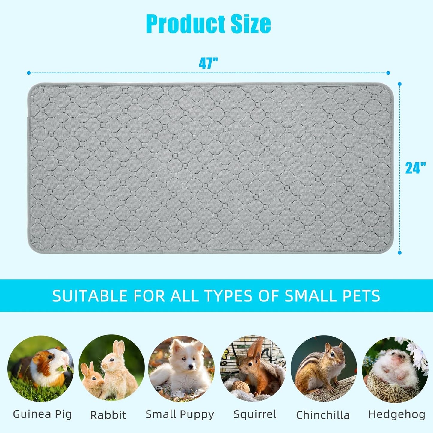 PAWCHIE Guinea Pig Cage Liners, Washable Guinea Pig Bedding for Midwest Cage 2 Pack 47"X24", Reusable Anti Slip Waterproof, Absorbent Guinea Pig Pee Pad for Small Animal, Rabbit, Bunny, Chinchilla