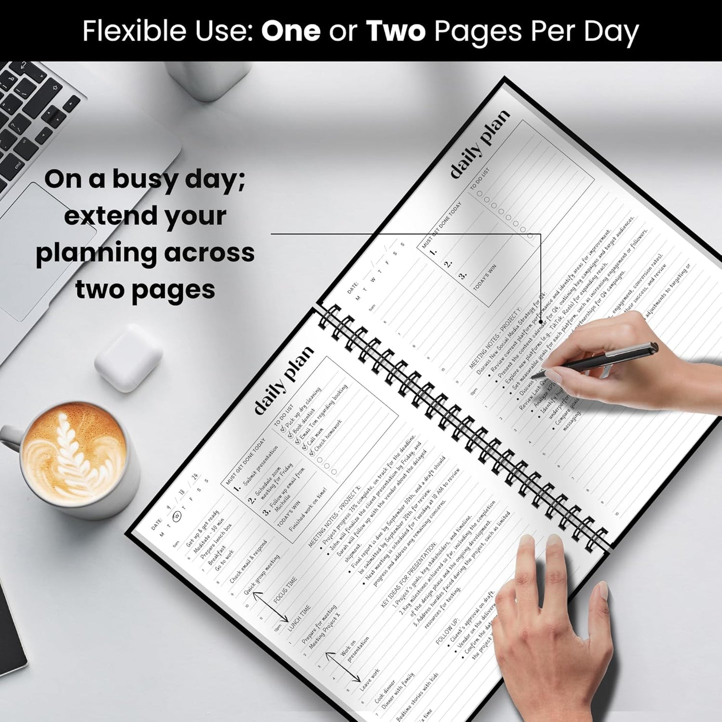 Undated Daily Planner | 2026 Calendar | Large Daily and Monthly Planner with Hourly Schedule, 8.5" x 11" | 6 Month, Full Page a Day, To do List, Time Blocking, Black Aesthetic Hardcover Spiral Notebook
